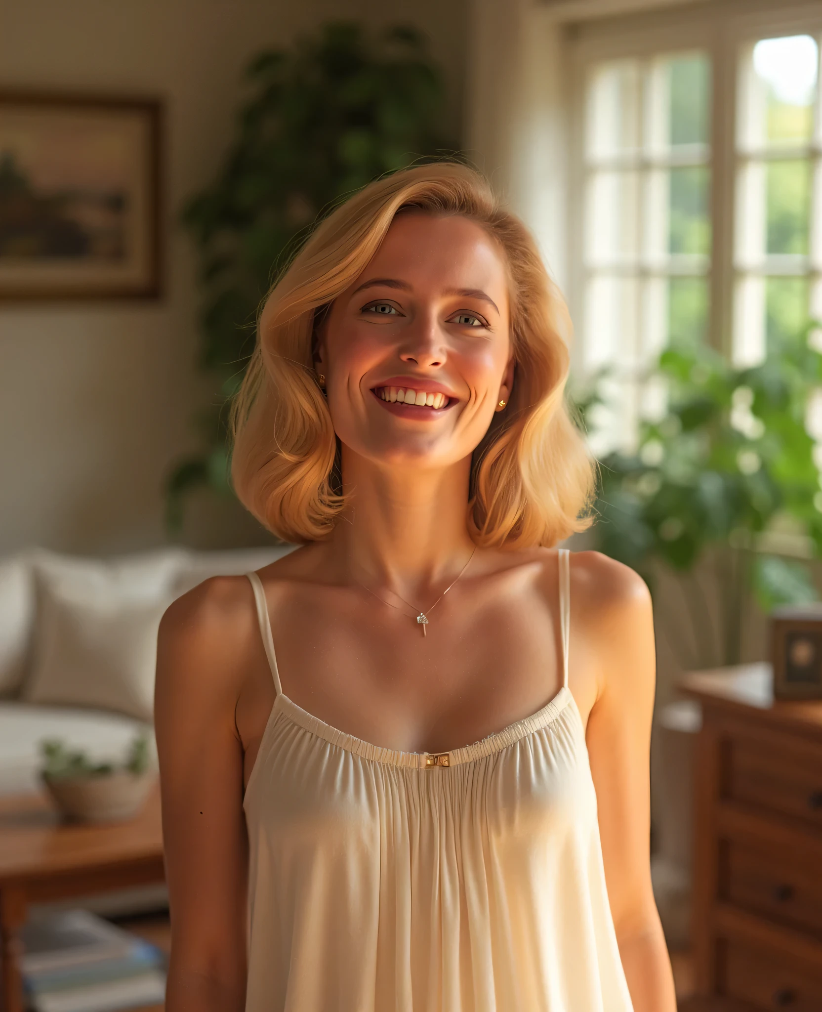 Gillian Anderson, blonde, living room, smiling, sundress