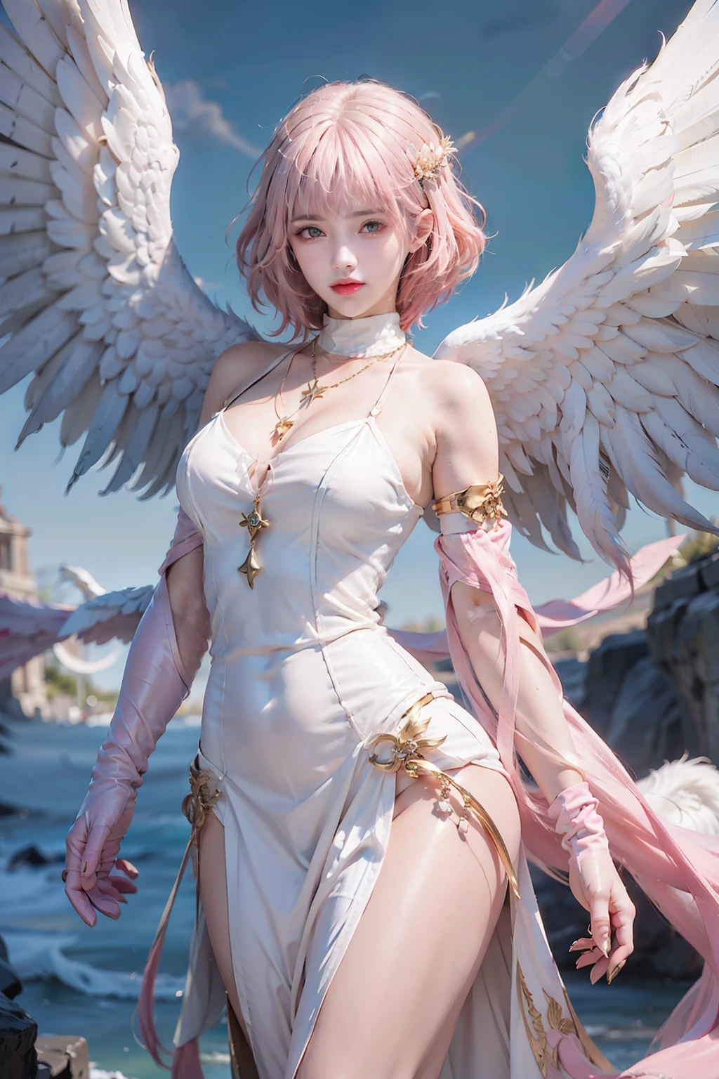 1Women, early 20s, (short pink hair with bangs:1.4), (gold armlet, gold bracelet:1.1), golden eyes, serious look, (golden cross necklace:1.2), shiny skin. (elbow gloves:1.3), standing up. white long dress, turtleneck dress, fantasy, angel, angelic wings, feathered wings, (angelic halo:1.2), majestic, flying.