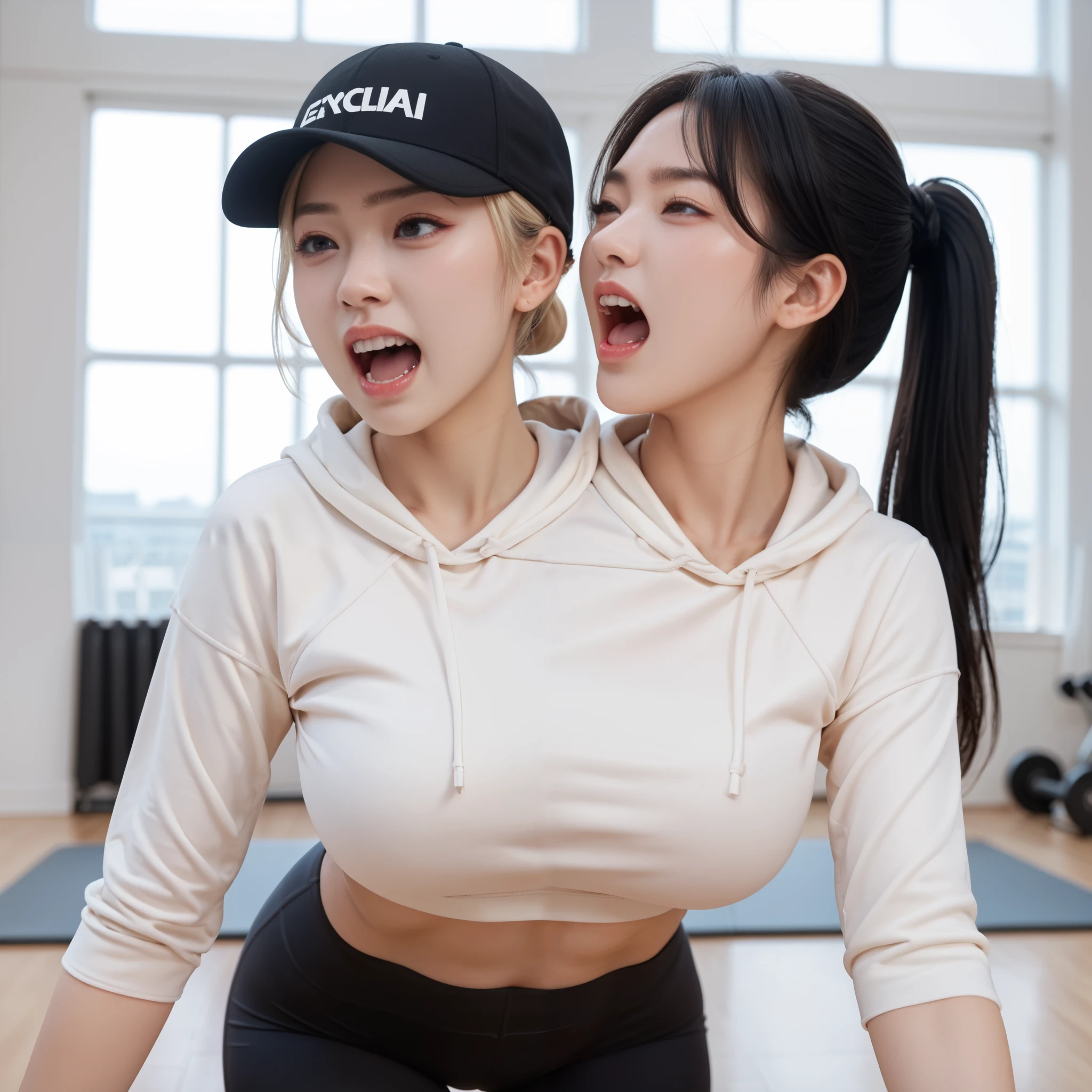 best resolution, woman with two heads, girl with twin hairbuns blonde, girl with black hair ponytail, tall, big chest,yelling, looking at each other ,yoga pants, cropped hoodie, cap hat, indoor background, , close up