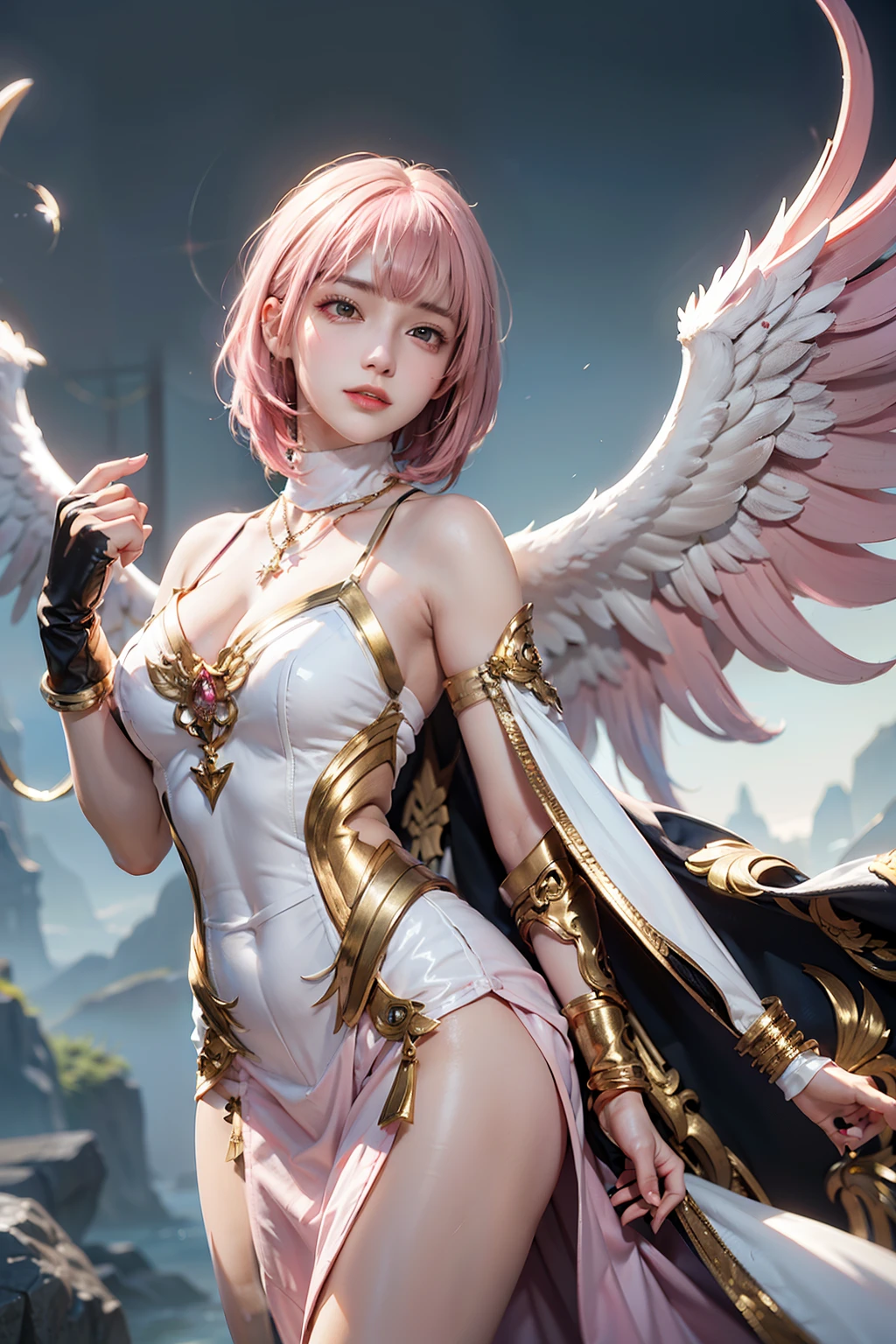 ((Lingerie model)), zoom, masterpiece, Highest quality, High resolution, magicalgirl, One Girl, jewelry, Single knee socks, Silver Hair, Hair on one eye, abdomen, Black Skirt, Asymmetrical legwear, ((Pink Shirt)), Sleeveless, Black knee socks, belt, Are standing