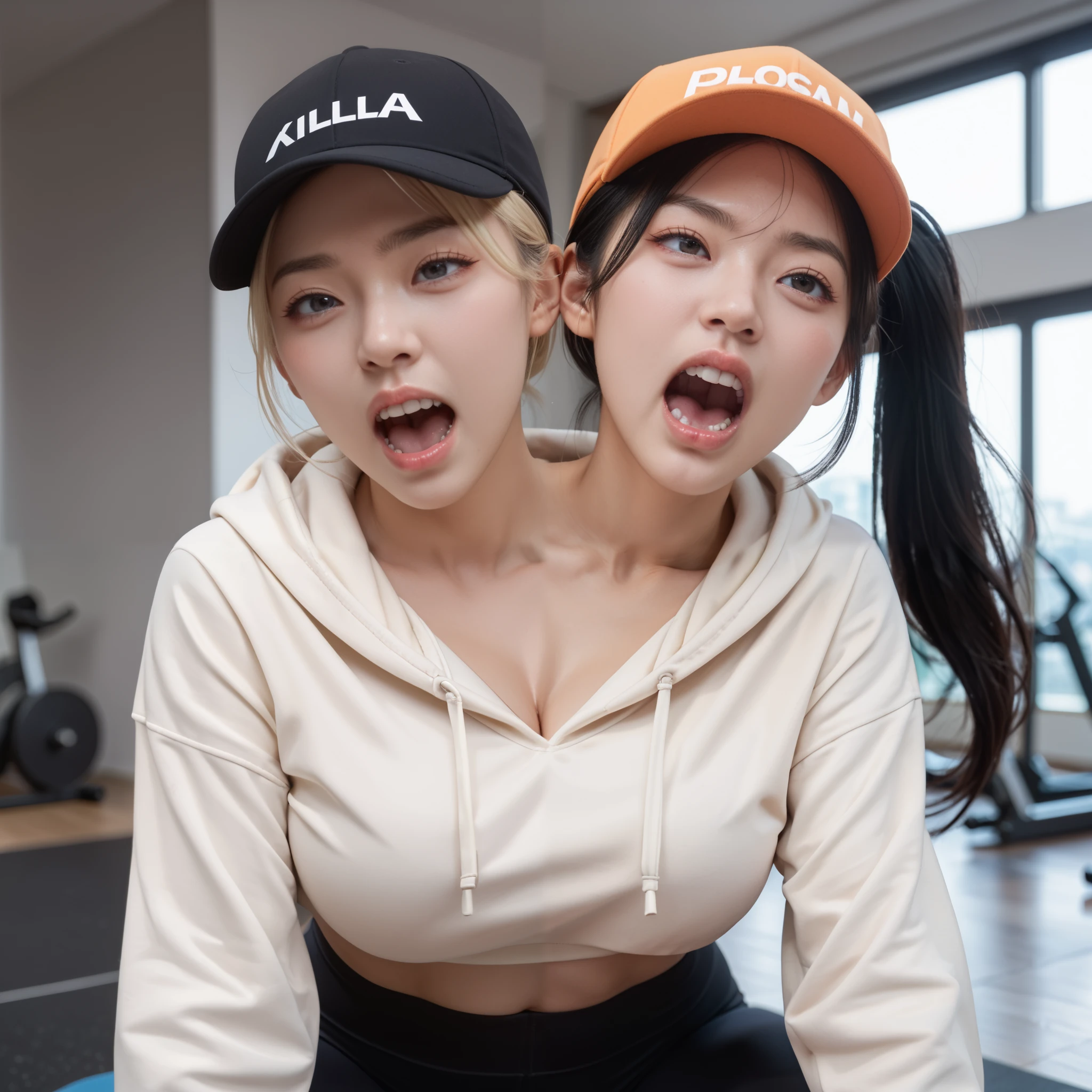 best resolution, woman with two heads, girl with twin hairbuns blonde, girl with black hair ponytail, tall, big chest,yelling, looking at each other ,yoga pants, cropped hoodie, cap hat, indoor background, , close up