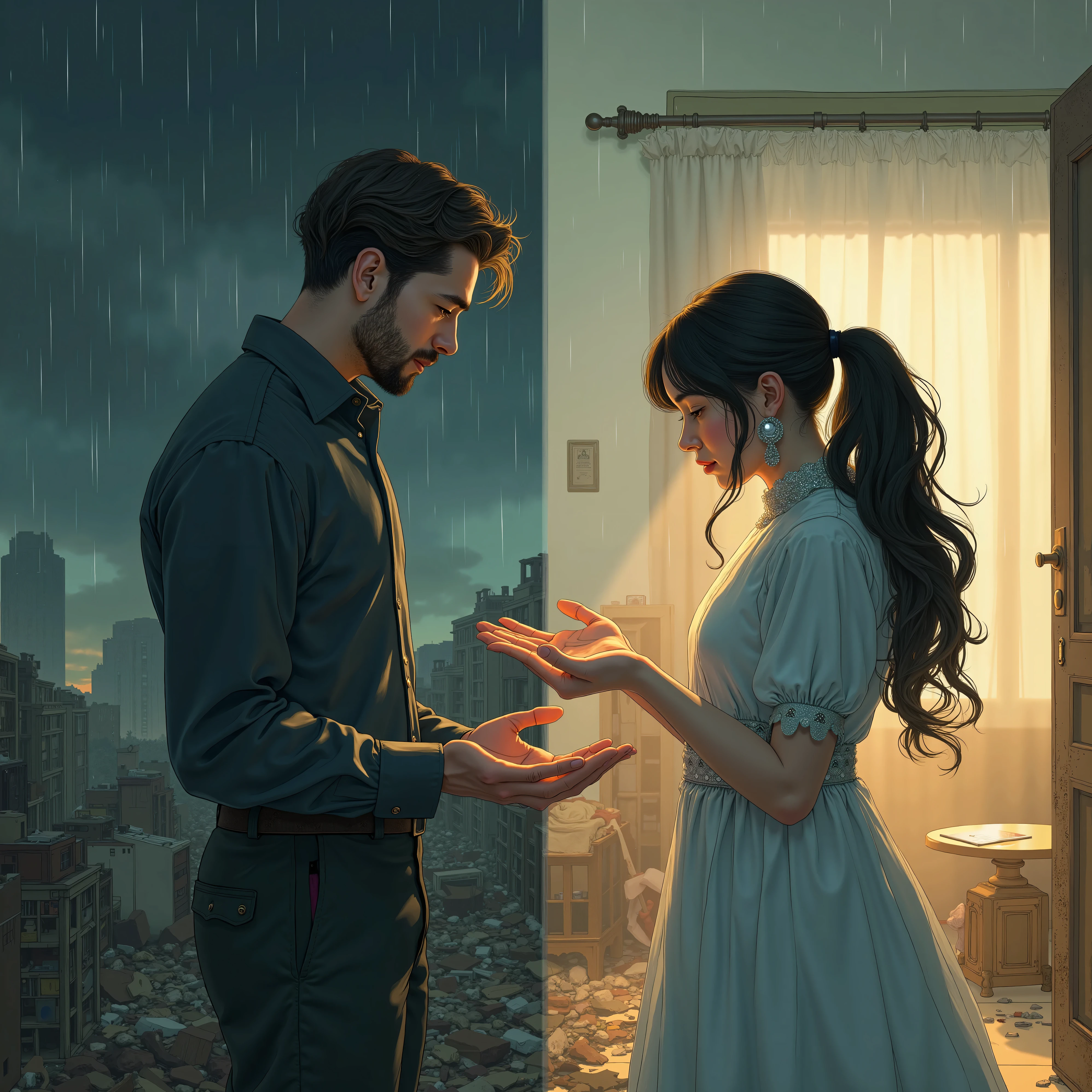 ((Excellent: 1.3)), ((Highest Quality: 1.3, Powerful Detail: 1.3, Incredible: 1.3, 8k)), (Man and woman, palms together, man and woman palms together), (One woman on the right, wavy black hair, beautiful shiny ponytail, sad eyes downcast, palms outstretched in front), (One man on the left, man's body is transparent, brownish-gold hair, stubble, wolf cut, sad eyes downcast, palms outstretched in front), (Background: palms divide the world, living room, left half is ruins of a burnt and collapsed house under rainy skies, right half is the house before collapse with sunlight streaming in), (Scene from a movie)