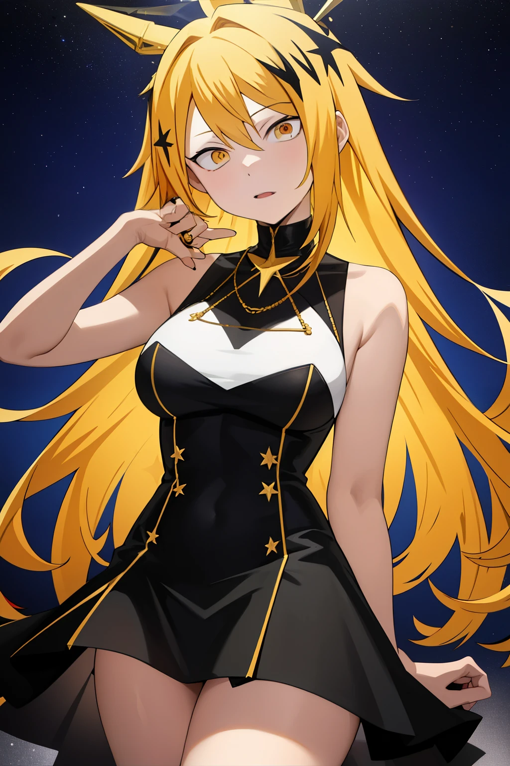  masterpiece ,  envelopes , anatomy, 1 , Alone,  man approaches ,  looking at the lunar spectator ,  upper body, Kaminari_Thank you, blonde hair, multicolor _hair, vocalist, traje de vocalist blanco con amarillo decorado con estrellas de 4 puntas, black necklace with a 4-pointed star in the middle 