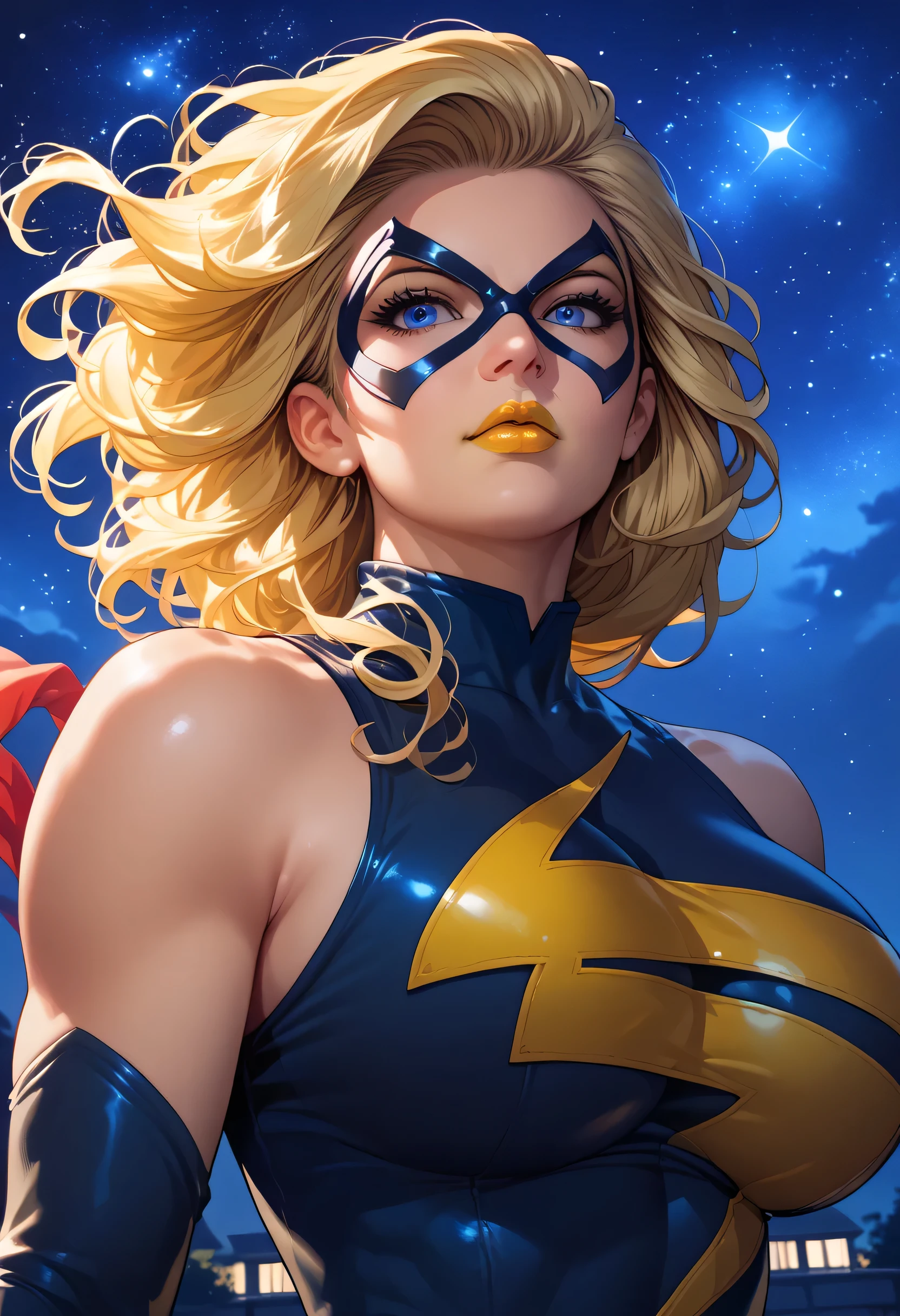 woman, blonde hair, blue eyes, white skin, big breasts, Ms Marvel, yellow lipstick, anime style, black costume, mask, night, starry sky