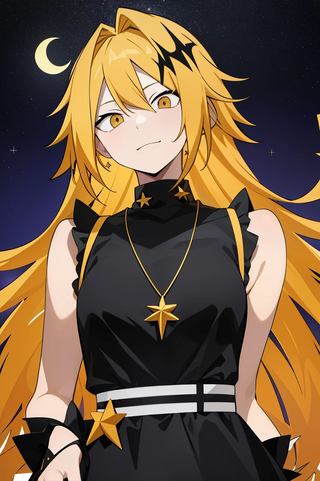 masterpiece , envelopes , anatomy, 1 , Alone, man approaches , looking at the lunar spectator , upper body , Kaminari_Thank you, blonde hair, multicolor _hair, vocalist, traje de vocalist blanco con amarillo decorado con estrellas de 4 puntas, black necklace with a 4-pointed star in the middle