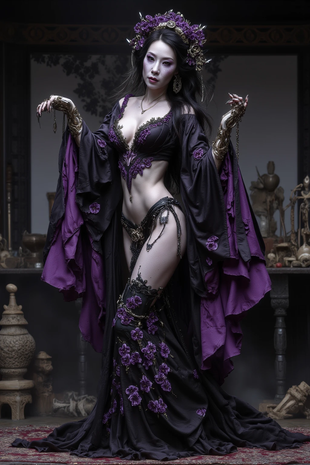 A lovely dark elf witch( extensive violet tattoos, minimal spider silk clothes, some golden body jewelry, ornate ritual dagger), moving through her harem, lavish room