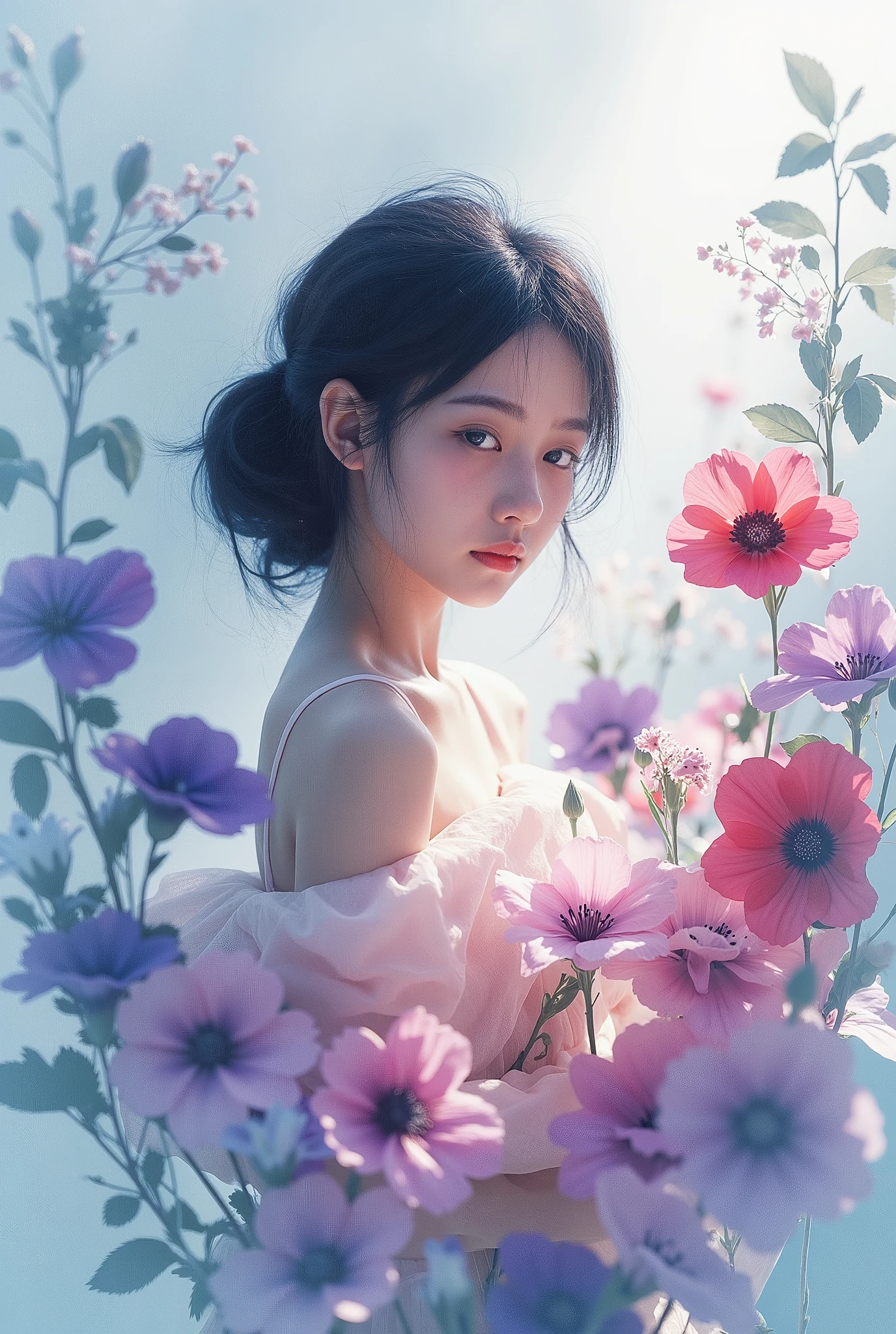 1 Girl,flower, Lisianthus  ,In the style of light pink and light cyan,  dreamy romantic composition , Light pink,  Ethereal leaves ,  interesting arrangement ,Fantasy ,  High Contrast , Ink Strokes, explode, Overexposure,   Impressions in purple and red tones  , summary, ((  watercolor  ))  Brush Strokes , Negative Space,