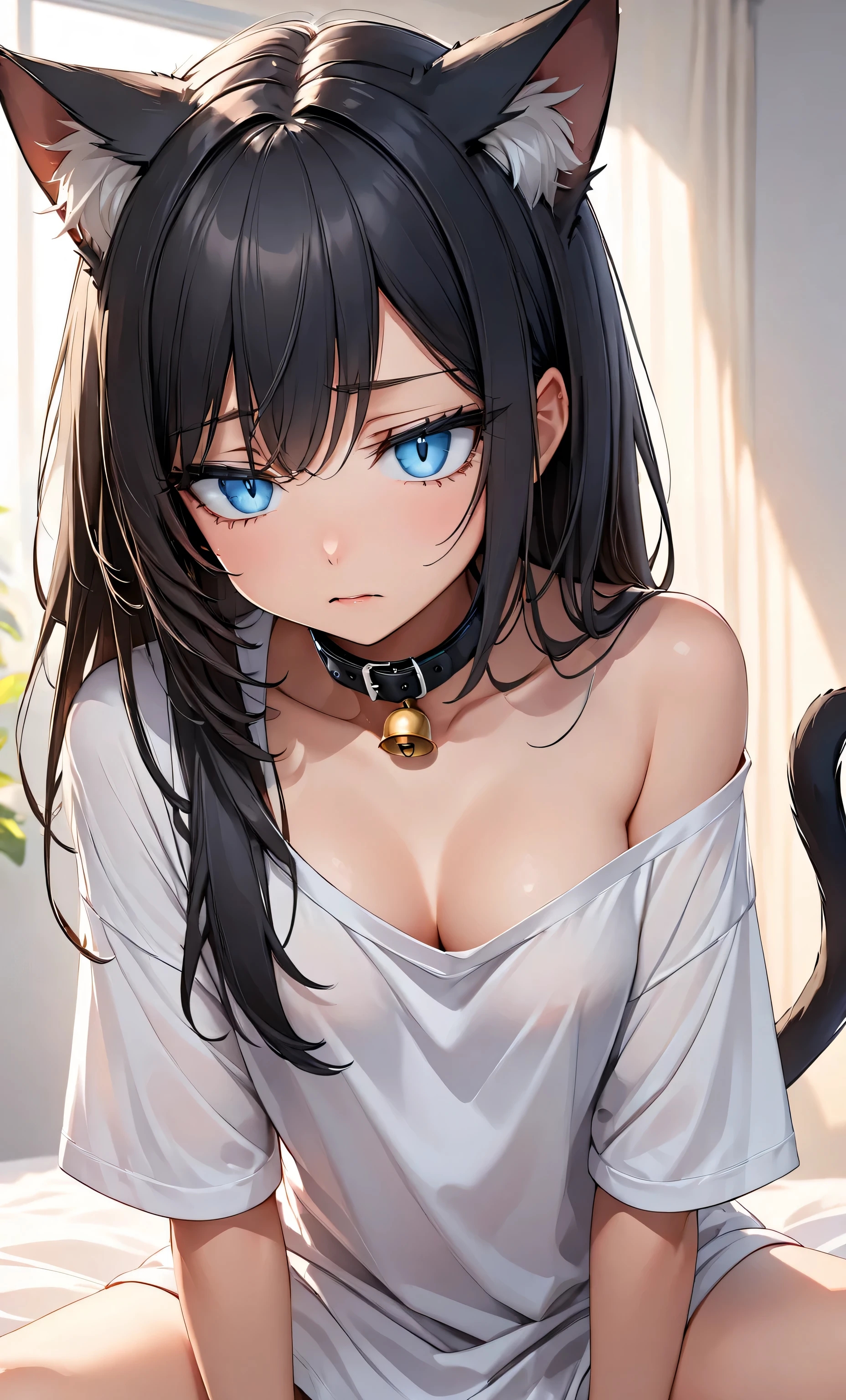 solo female, sitting on bed, oversized t-shirt, young, blue eyes, slit pupils, straight long black hair, cat ears, cat tail, confused, morning, ((very cute)), curvaceous, close up, cleavage, one bare shoulder, cat bell collar, close up, small breast