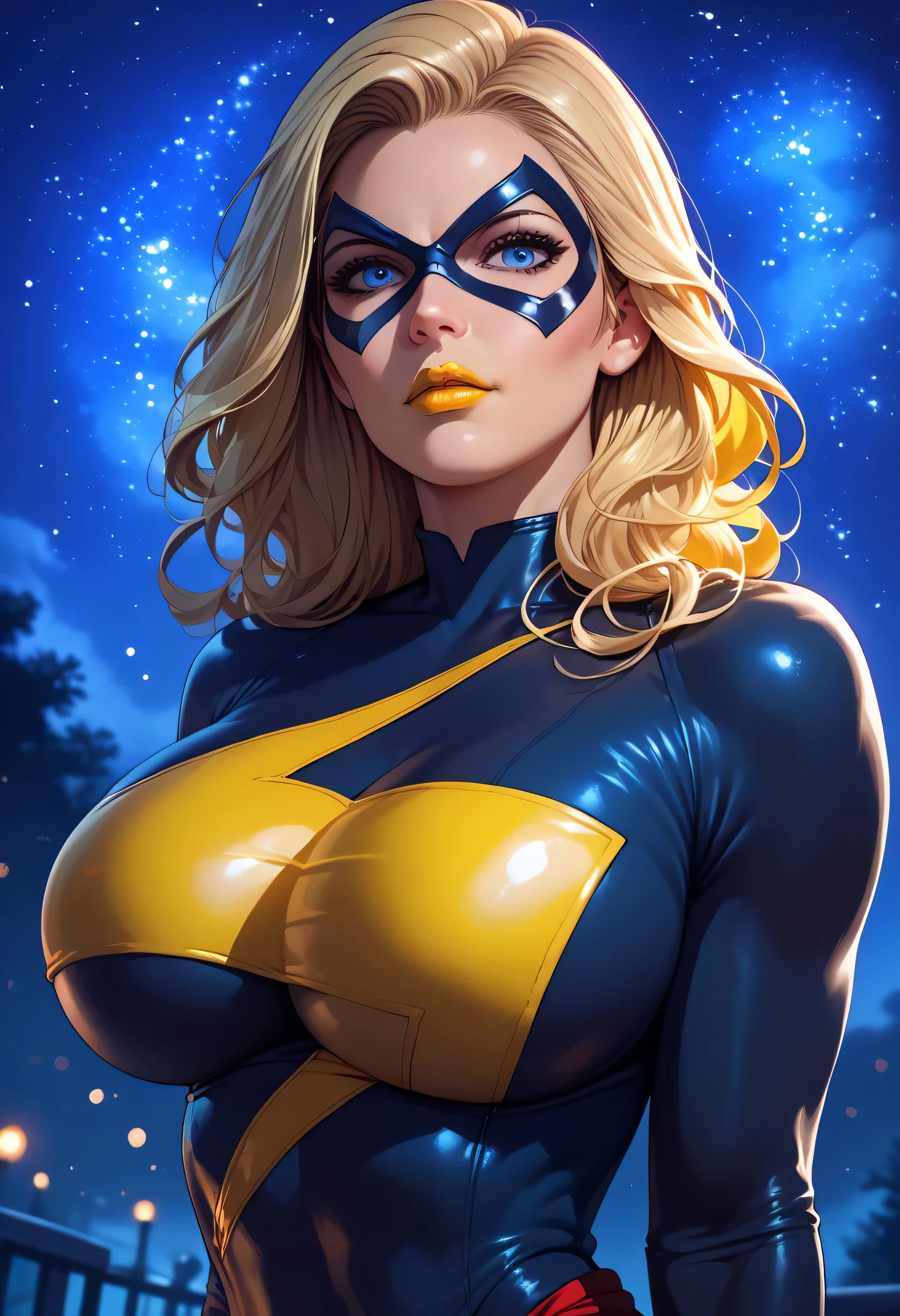 woman, blonde hair, blue eyes, white skin, big breasts, Ms Marvel, yellow lipstick, anime style, black costume, mask, night, starry sky