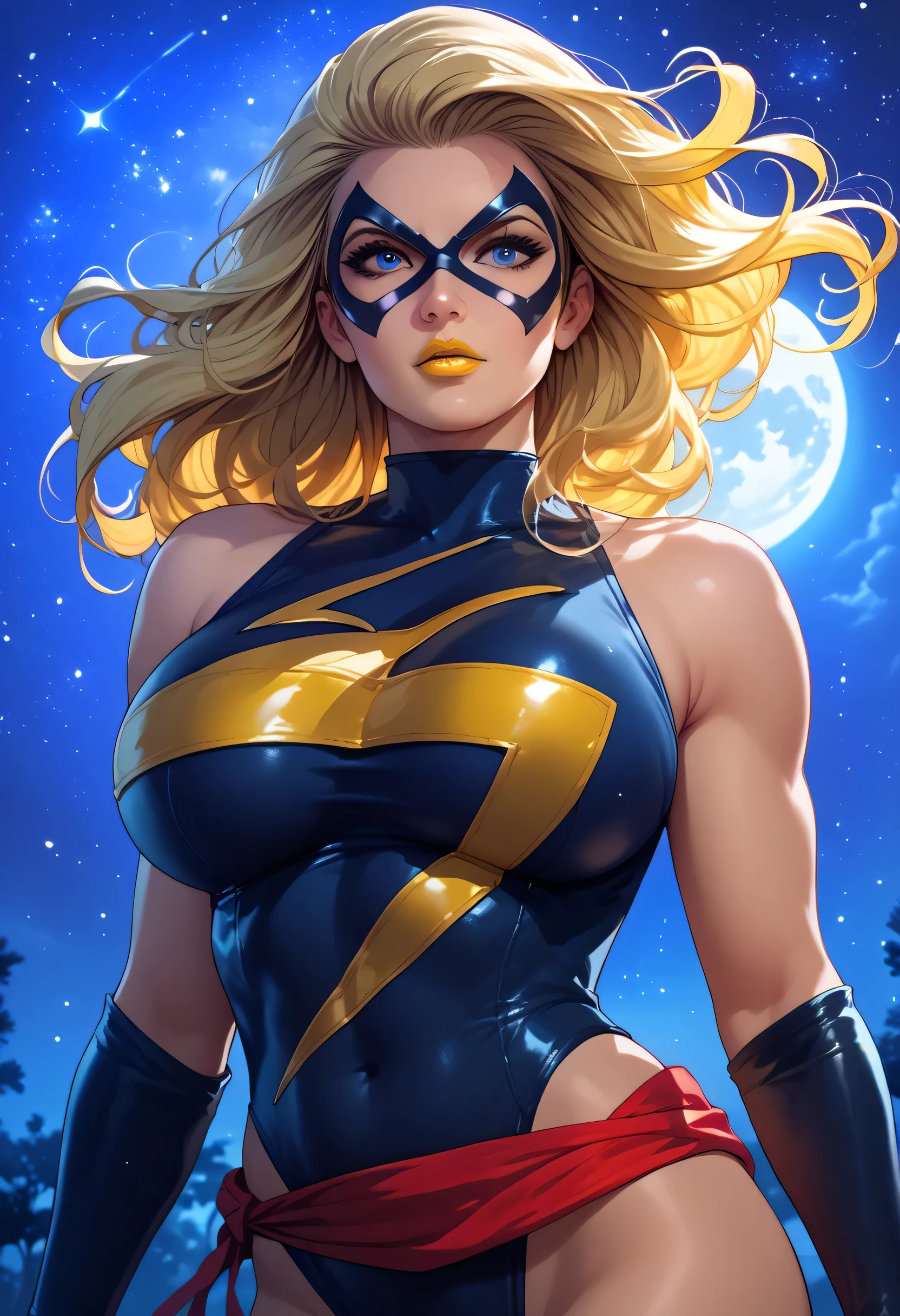 woman, blonde hair, blue eyes, white skin, big breasts, Ms Marvel, yellow lipstick, anime style, black costume, mask, night, starry sky