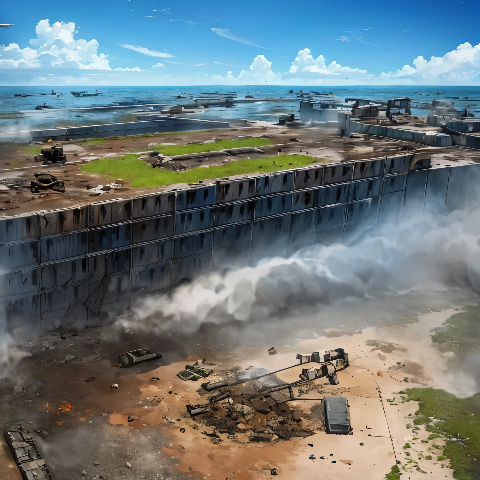 (( Soratrobo's Worldview )),(Ruined battery site inside Sky Island),sea of clouds, Graveyard of Air Battleships ,Blue Sky , Iron Rust Is Decaying,(Floating in the air),(Lots of weapon wreckage),Slam Style ,
