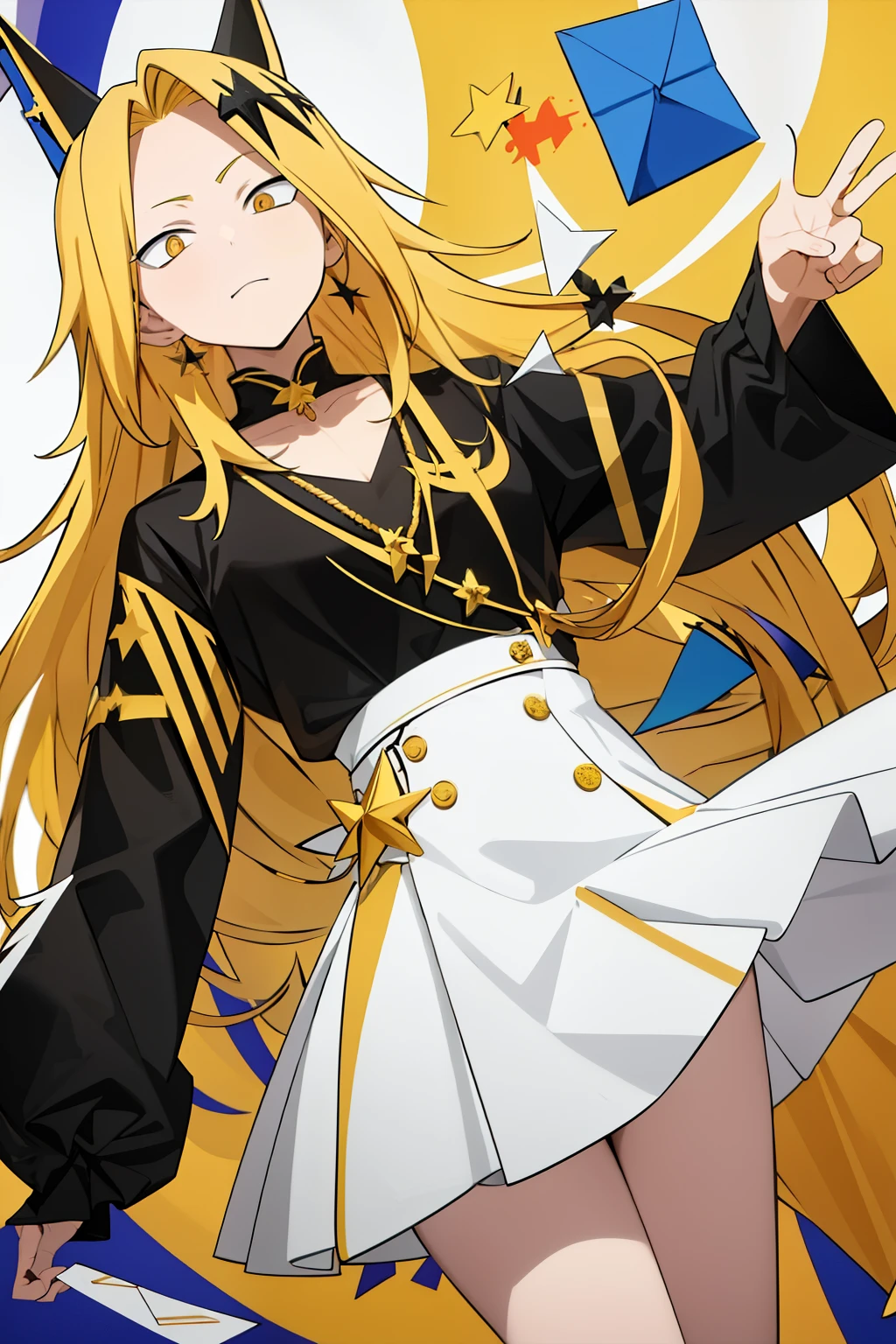 masterpiece , envelopes , anatomy, 1 , Alone, man approaches , looking at the lunar spectator , upper body , Kaminari_Thank you, blonde hair, multicolor _hair, male vocalist, white and yellow vocalist costume decorated with 4-pointed stars, black necklace with a 4-pointed star in the middle , male body
