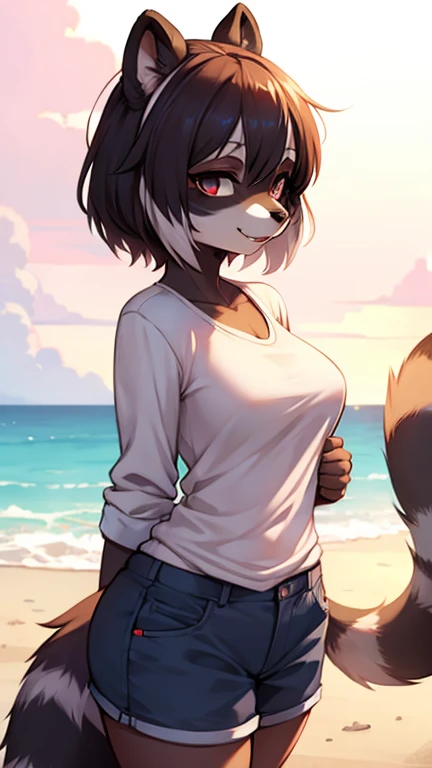 1girl, solo, tomboy wolf girl, anthro, white wolf, black hair, yellow eyes, masterpiece, best quality, high quality, topless, highres, medium shot, bright colours, at the beach, embarrassed, flushed, curvy, (delicious flat chest), ((blue swimming trunks)), fluffy, hip tuft, neck tuft, fluffy tail