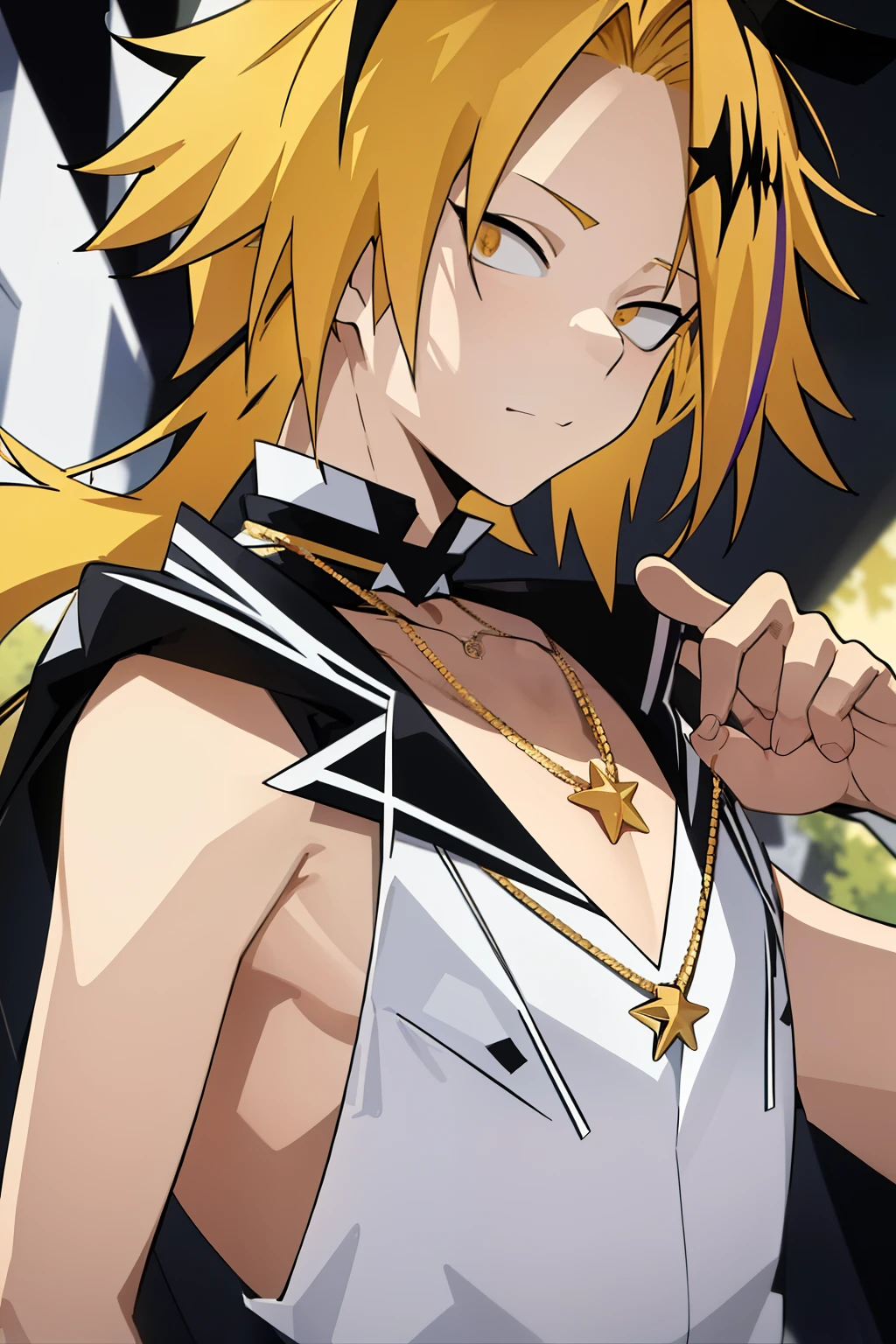 masterpiece , envelopes , anatomy, 1 , Alone, man approaches , looking at the lunar spectator , upper body, Kaminari_Thank you, blonde hair, multicolor _hair, male vocalist, white and yellow vocalist costume decorated with 4-pointed stars, black choker with a 4-pointed star in the middle, male body