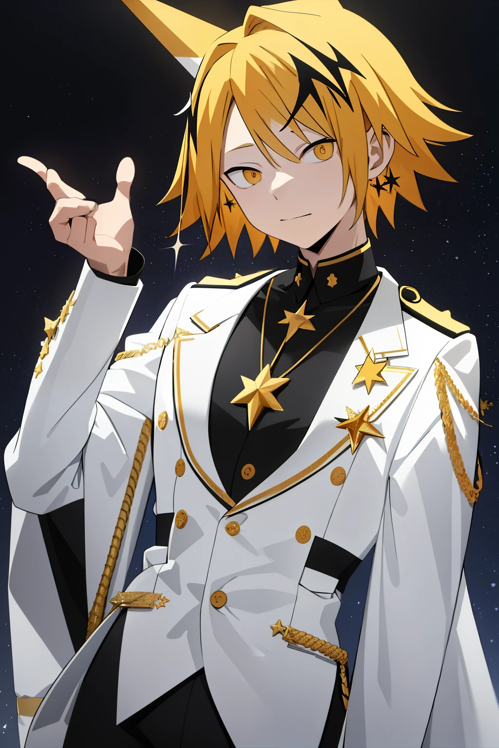 masterpiece , envelopes , anatomy, 1 , Alone, man approaches , looking at the lunar spectator , upper body , Kaminari_Thank you, blonde hair, multicolor _hair, male vocalist, white and yellow vocalist costume decorated with 4-pointed stars, black choker with a 4-pointed star in the middle, male body