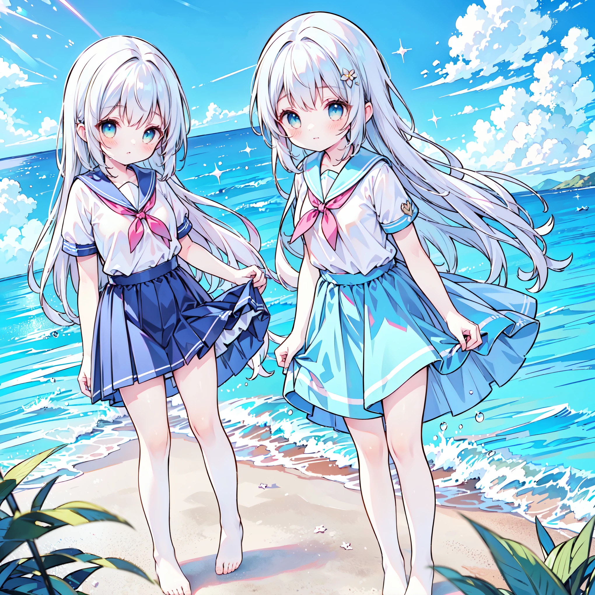 ((( more details, highly detailed CG, masterpiece, High Quality , 4K, high resolution, sharp concentration, Take a commemorative photo on a sandy beach with the calm and beautiful sea in the background, anime style illustration near the sparkling ocean ))),(Alone:2), cute, Smiling Brightly , light blue eyes,(A girl is standing on the beach:1.4), navy blue sailor suit,(Short sleeve:2),( dark blue skirts ),( slightly bulging breasts:1.2), Clear Skin, Fluttering Skirt , barefoot,((long hair)),Neat hair, tea hair,Gentle Breeze, White Clouds ,blue sky, watching viewers, I'm ashamed, dynamic ,