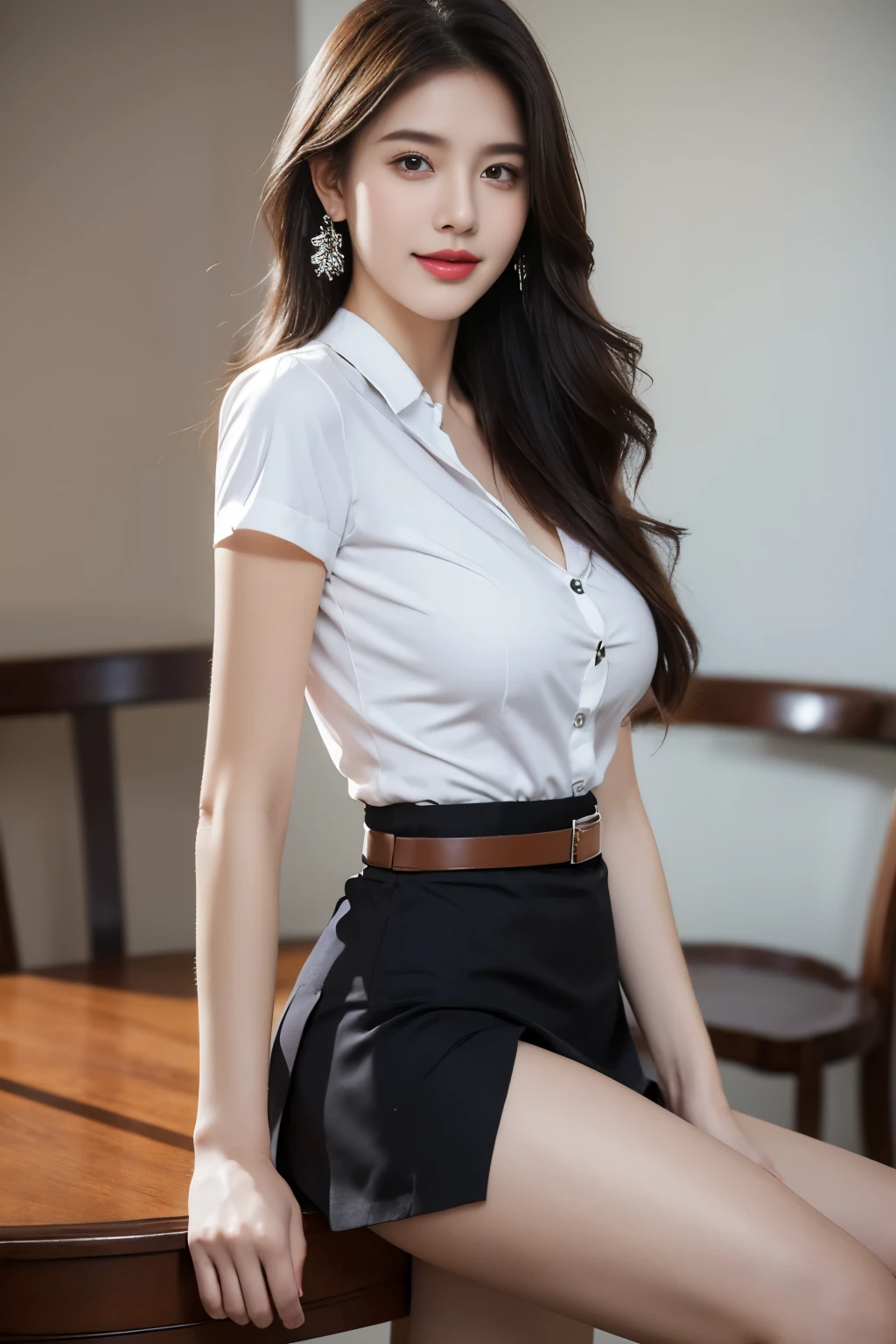 (8k,high resolution,Masterpiece, best quality, alone, complicated details, Chromatic aberration), realistic, ((small breasts)), hair in one eye,purple eyes, big round hoop earrings, sharp eyes, Diamond choker, red gemstone necklace,(symmetrical eyes),(Perfect symmetrical body), (Photo of a beautiful 21 year old teenage girl), Beautiful and charming with contemporary fashion paintings as well, looking at the audience, ((Behind the scenes of a large classroom)), (black short skirt), (((Wear a blue shirt over a ((short-sleeved white shirt), (Open the shirt and show off your breasts), No bra.)), (open breasts), (soft breasts))), ((A short black pencil skirt with a deep slit on the side)), (Long square leather belt buckle), ((Put your hands down.)), (Bob, Side flatness, gold hair, (A thin layer of hair covers the face)), sharp eyeliner, Eye shadow blush with thick eyelashes, Very delicate and beautiful, round chin, Sharp focus, elegant, (Open your legs fully on the study table), (Turn your head with your legs open), (Open your legs and lift your right leg over your left leg), (releasing it naturally), Poses seductively.
