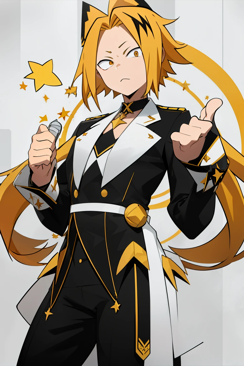  masterpiece ,  envelopes , anatomy, 1 , Alone,  man approaches ,  looking at the lunar spectator ,  upper body , Kaminari_Thank you, blonde hair, multicolor _hair, male vocalist,  white and yellow vocalist costume decorated with 4-pointed stars,  black choker with a 4-pointed star in the middle, male body,  microphone in hand ,  short sleeves , long arm sleeves , men's costume, long black pants, 4-pointed star-shaped gem in the middle of the forehead