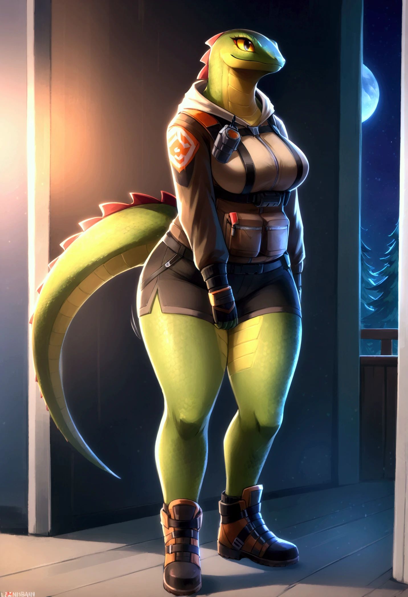 (master piece: 1.1), By aruurara, kobold girl, 1girl, pink fur, star hair ornament, starry background, saint quartz \(fate\), 1girl, star necklace, mole, star hairpin, solo, navel, big breasts, big thick, chubby belly, freckles, pink hair ponytail with green highlights, mole on breast, highleg, long tail, panties, cleavage, black mini skirt with pantie showing, red highleg panties, camel toe:1.6, navel piercing, sticker, scalie female, Short black Puffer Jacket/W Black Top Kitty, long arm sleeves, body scales, furry, tank top, smile, blush, pencil drawing style, cross hatching texture shadows, full body view, random poses, fashion pose, dynamic Pose, dynamic view, Mythology Go, street style pose, random dynamic angle view