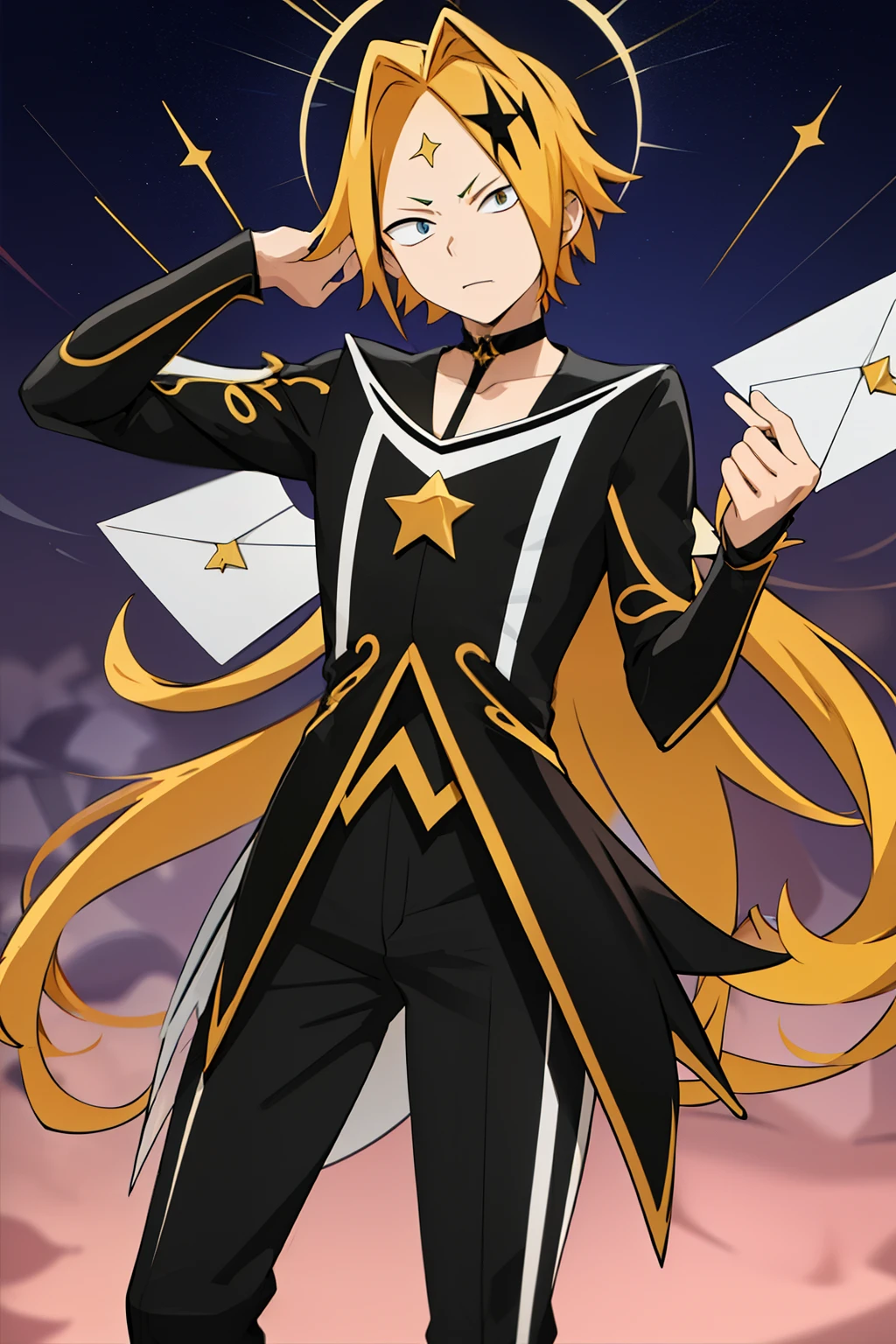  masterpiece ,  envelopes , anatomy, 1 , Alone,  man approaches ,  looking at the lunar spectator ,  upper body , Kaminari_Thank you, blonde hair, multicolor _hair, male vocalist,  white and yellow vocalist costume decorated with 4-pointed stars,  black choker with a 4-pointed star in the middle, male body,  microphone in hand ,  short sleeves , long arm sleeves , men's costume, long black pants, 4-pointed star-shaped gem in the middle of the forehead, Mega-detailed costume