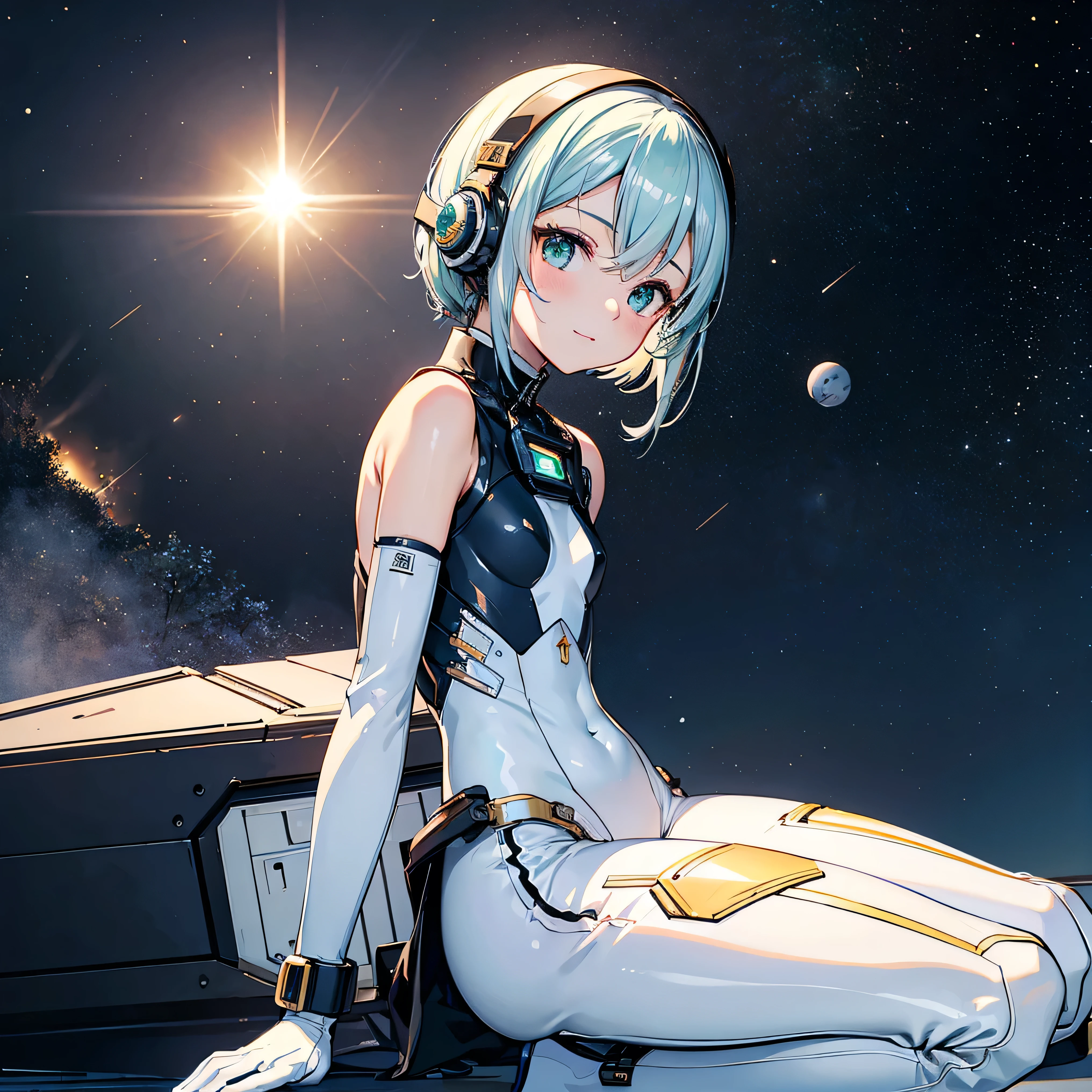 Evangelion Cockpit,Masterpiece portrait of a smiling Rei Ayanami (Evangelion), Evangelion (Hideaki), Caustics, High resolution illustration,14years, Red Eyes, Feminine, no pupils, Blue hair,  Short hair, Very small breasts,Japan school uniform, lowfers, swpunk, Synth Wave, Paint splatters, shaded flat illustration, Digital Art, Trending on ArtStation, Highly detailed, Fine detail, Convoluted, Splatter, Outrun, Vaporware, neon color,White underwear,long boots