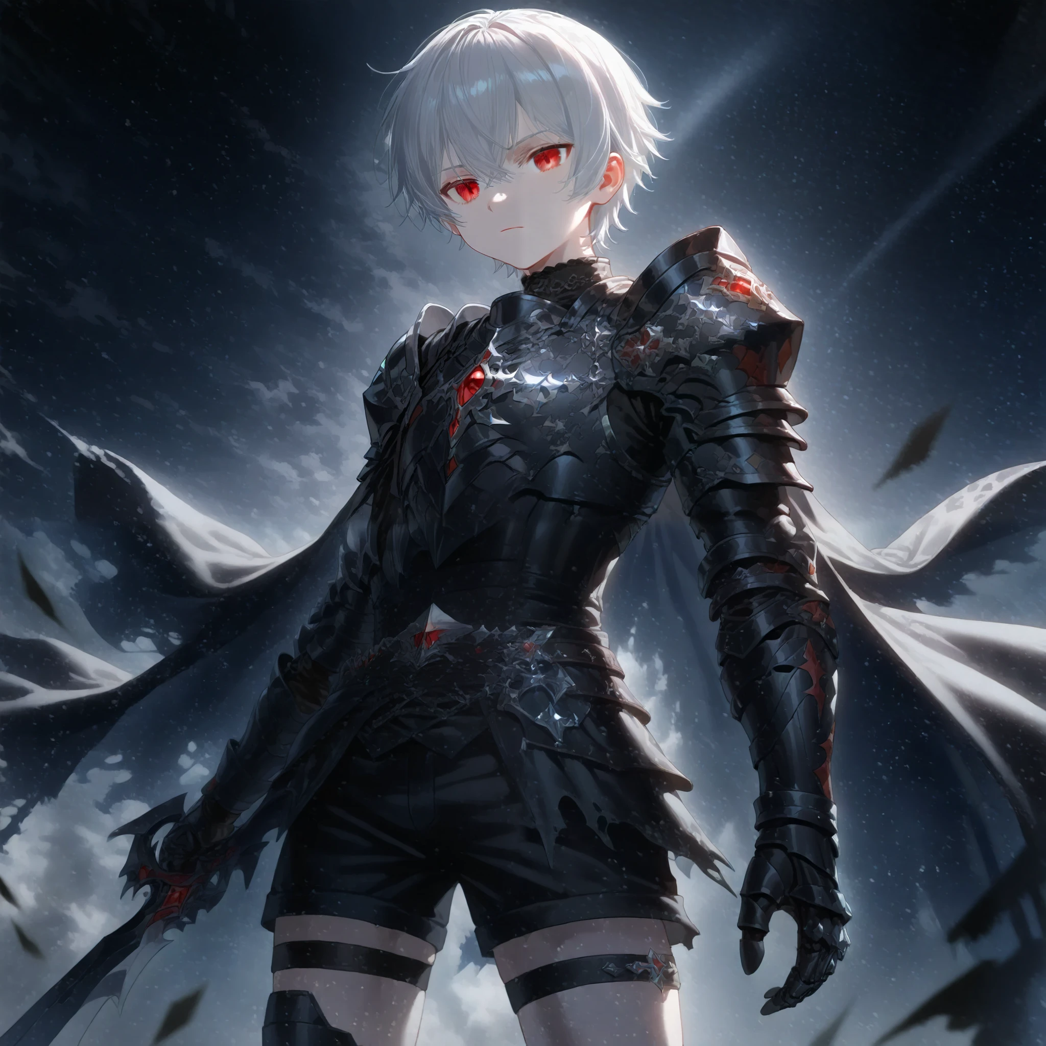 animation, Black and white, boy, badass animation 8 k, Gothic Knight , pale black armor , 4k animation wallpaper, Ark Knights , Red Eyes, silver-haired , short hair, boy, Shota, black shorts , Expressionless,