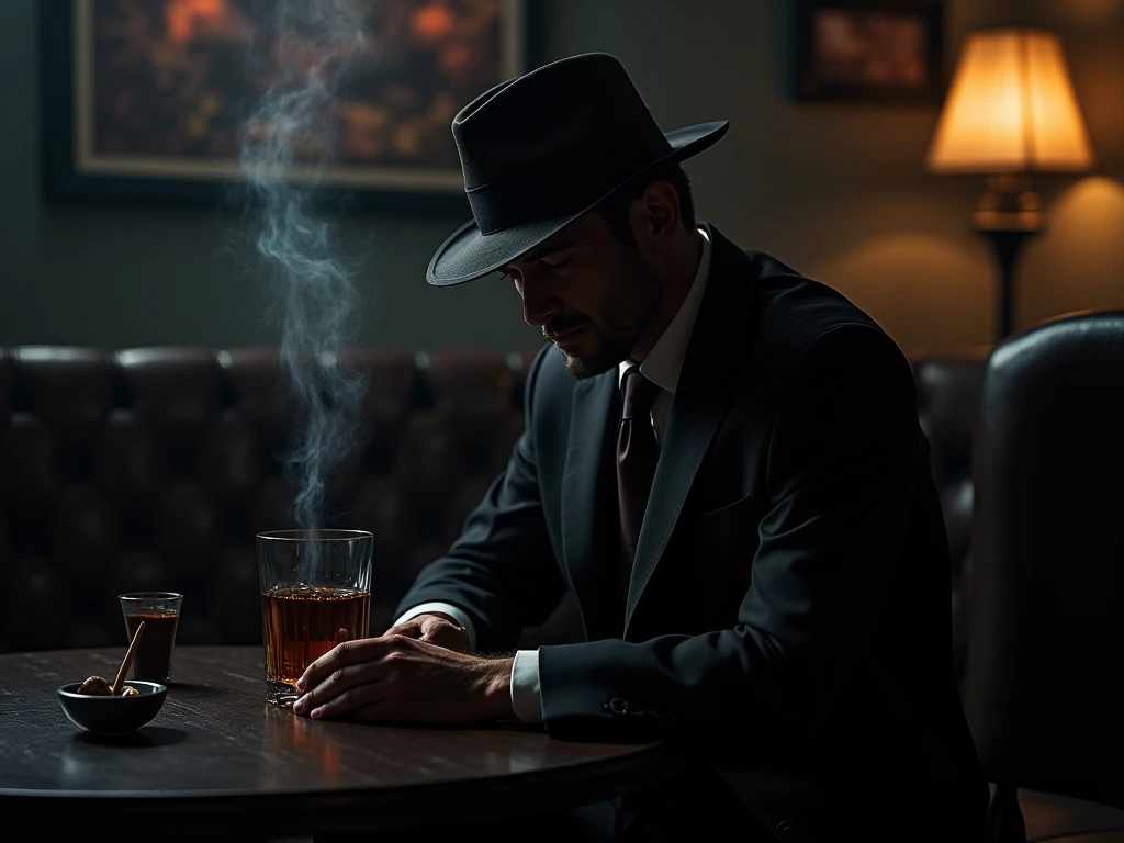 (Masterpiece, best quality: 1.2), detailed face, (pastel colors: 1.2, dark studio, edge lighting, two-tone lighting, dim, low-key,),
Poster from the 1930s, a black detective movie, (black atmosphere: 1), gloomy atmosphere with an emphasis on black colors,
In the 1930s (/style/), a private investigator sits at a table, drinking whiskey in the private investigator's office, talking, and a man wearing a detective suit,
Popular on ArtStation, popular on CGSociety, complex, highly detailed, dramatic, photorealistic painting art by Midjourney and Greg Rutkowski,