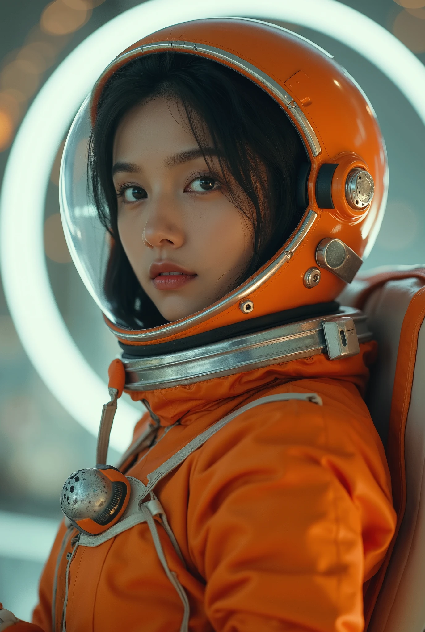 lady 25 years old ,Beautiful astronaut,1950 , dark blue eyes, Orange clothes,Metallic white details , Movie, photo shoot, Semi-backlit, backlight, Dramatic Lighting , Incandescent lamp , soft lighting , extremely detailed and complex , extremely minimalist , art in the style of Guweiz , Elegant posture, Dynamic, photography, volumetric , super detailed , Intricate Details , super detailed Guweiz's first work, Futuristic environment