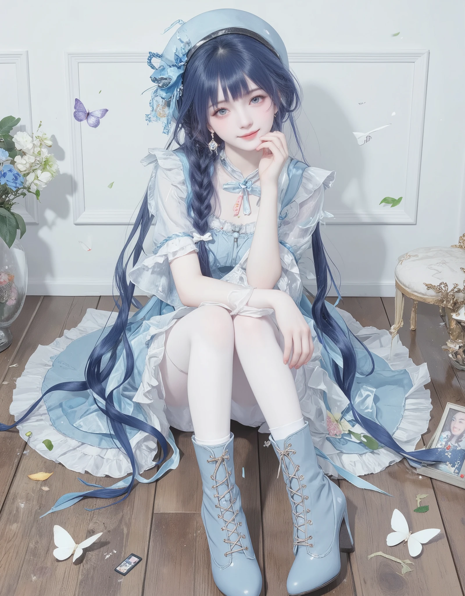 1girl, boots, white pantyhose, blue eyes, pantyhose, solo, hat, bangs, kamisato ayaka, sitting, long sleeves, braid, dress, looking at viewer, blue hair, blunt bangs, brown footwear, smile, flower, hair ornament, bug, butterfly, bow, frills, blue dress, cross-laced footwear, closed mouth, hair flower, beret, high heel boots, shirt, wooden floor, lace-up boots, boots removed, white shirt, photo \(object\), full body, high heels