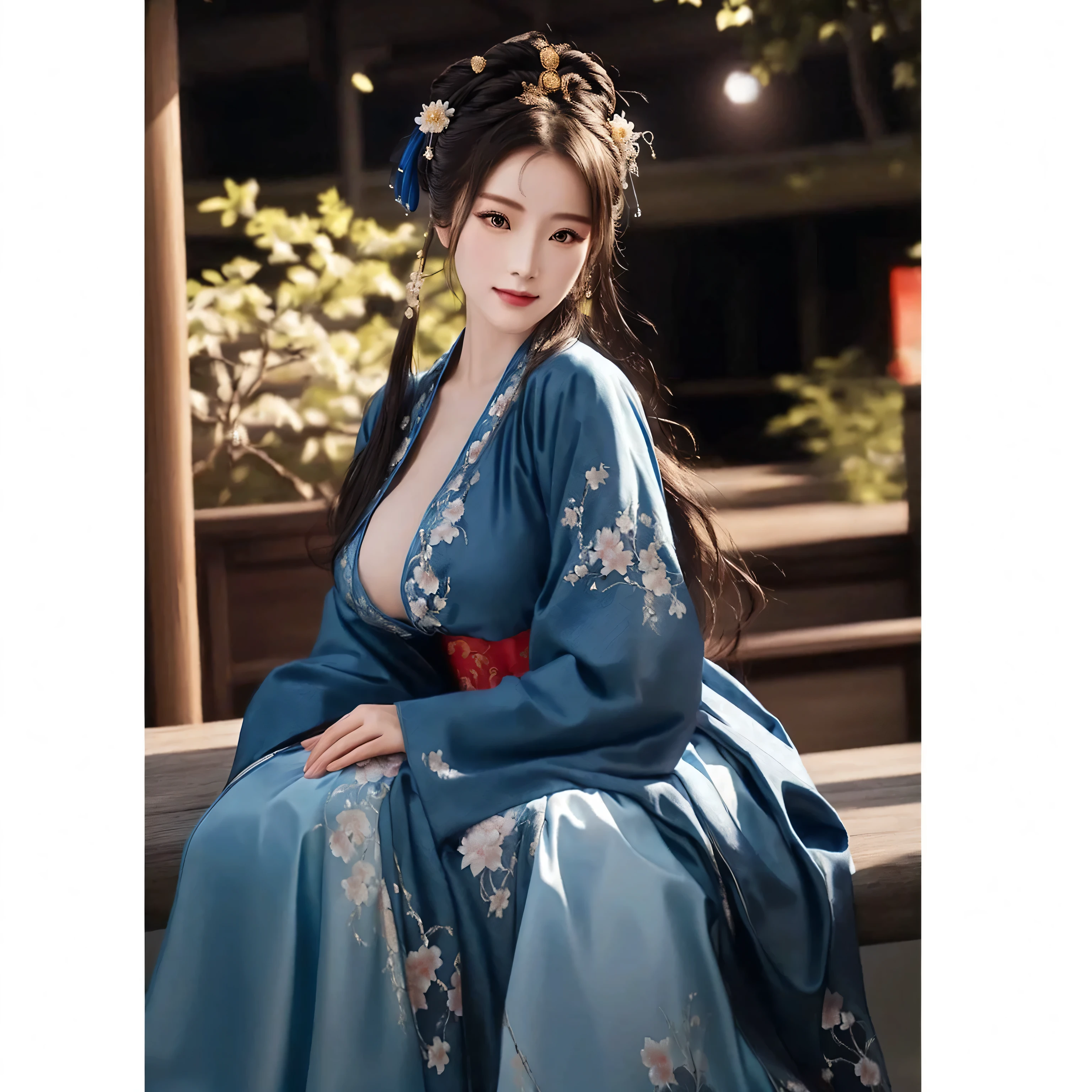 Close-up shot of a woman in a blue dress sitting on a bench, Hanfu, palace ，  girl in Hanfu, Wearing old Chinese Clothes , Dressed in ancient Chinese costumes, Traditional beauty , Traditional Chinese Clothes ,  Chinese Clothes ,  Chinese style,  Chinese Yuan Festival, Beautiful flowing kimono ,  Chinese Clothes , Chinese Girl, 8k))