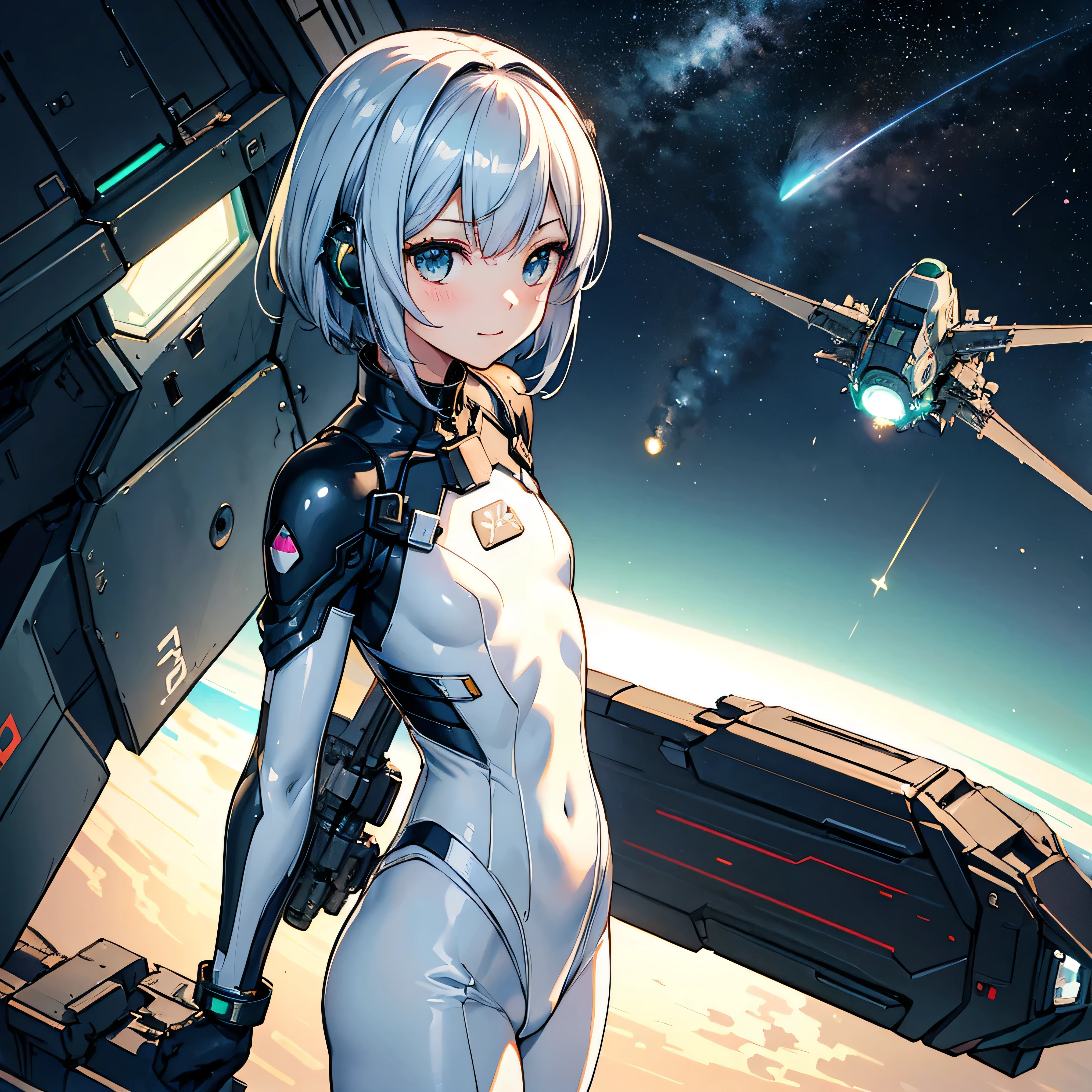 (masterpiece、 best quality 、 maximum resolution、 Clear Images 、 Detailed Details ):(whole body、 20 year old girl、The Face of Japan、Small face、 slender、navy blue色の超ショートボブカットヘア、(Hidden small breasts:1.3)、 sparkling green eyes 、white、navy blue、 black shiny pilot suit、Chest protection armor、 tight clothes、 clothes that cover the whole body、Attractive clothes、 fitted pants 、Hide your skin、 very delicate and beautiful、 detailed skin、Hide your thighs、Hide your ass、 is cute 、 gentle smile 、 kind expression、heroine、 headset、 Long Boots 、 elbow length gloves 、Eye shot 、 peace talks between fighting factions 、attention arousal、 smart green eyes 、straight face 、Spaceship Woman )、background、Moon in the background 、 with galaxy clouds in the background white、green、 black shiny pilot suit、Meteor Shower、Meteor Shower、Saturn、Neptune、comet
