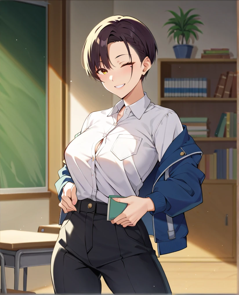 ((1 girl))、(smile:1.3)、small breastsのヌード、(cowboy shot)、(fun!!)、(white cardigan:1.5)、(blush:1.4)、(hair)、Chest roll-up clothing,pull clothes,((flat chest:1.3))、((I can see your nipples:1.5)),(), No bra, (black skirt),look down, ((classroom:1.5))Upper body,classroomのシャツロールアップシャツセーター高解像度,look down, Upper body,Fair skin,classroom,small breasts,shaved pussy、