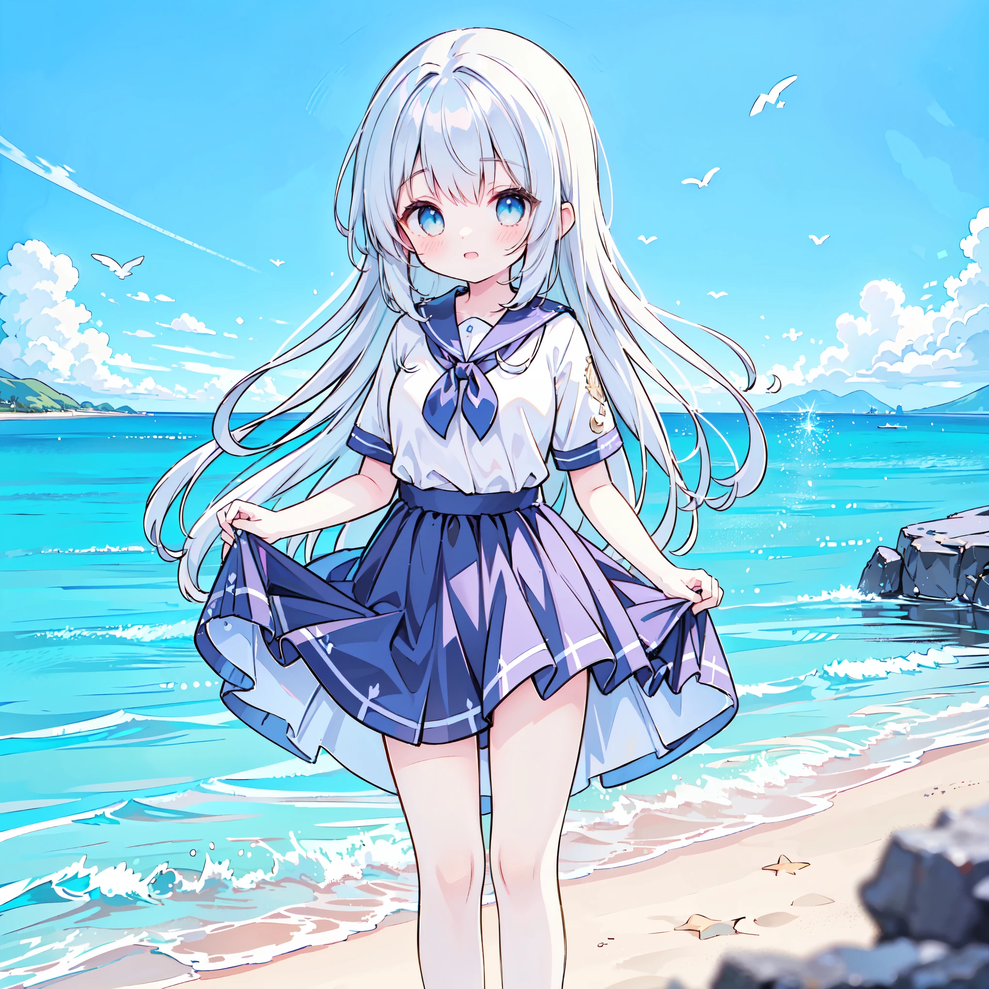 ((( more details, highly detailed CG, masterpiece, High Quality , 4K, high resolution, sharp concentration, Take a commemorative photo on a sandy beach with the calm and beautiful sea in the background, anime style illustration near the sparkling ocean ))),(Alone:2), cute, Smiling Brightly , light blue eyes,(A girl is standing on the beach:1.4), navy blue sailor suit,(Short sleeve:2),( dark blue skirts ),( slightly bulging breasts:1.2), Clear Skin, Fluttering Skirt , barefoot,((long hair)),Neat hair, tea hair,Gentle Breeze, White Clouds ,blue sky, watching viewers, is shy, dynamic ,