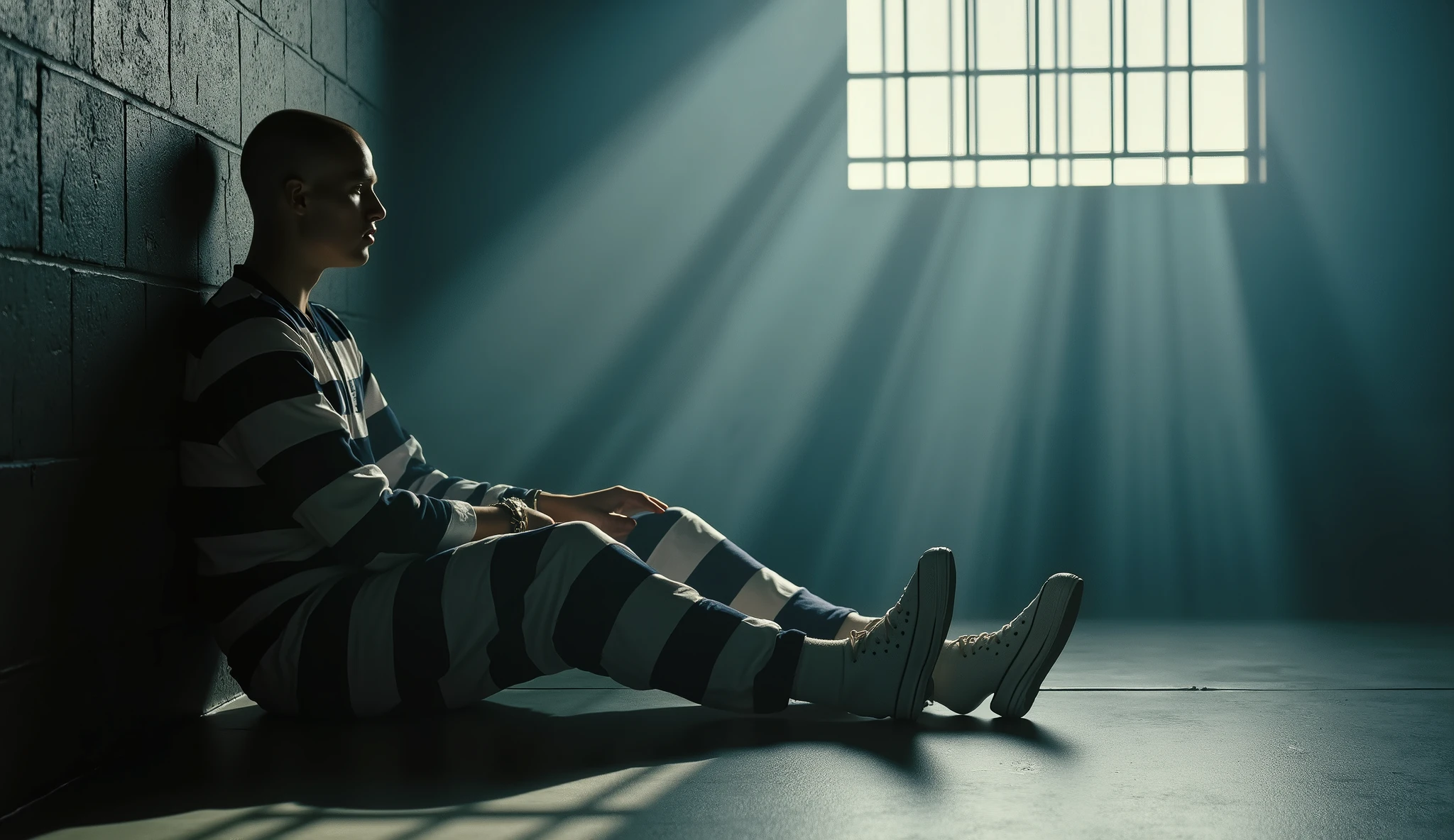 8K, UHD, full body photography of a young headshaven convict sitting very relaxed on the floor of a modern prisoncell, wearing a long prisonjumpsuit with very wide horizontal black and white stripes, rays of sunlight shining in the convicts face and coming through a heavily barred small widow at the opposite side of the convict, unshaven male face, converse prison sneakers and white socks, foggy atmosphere