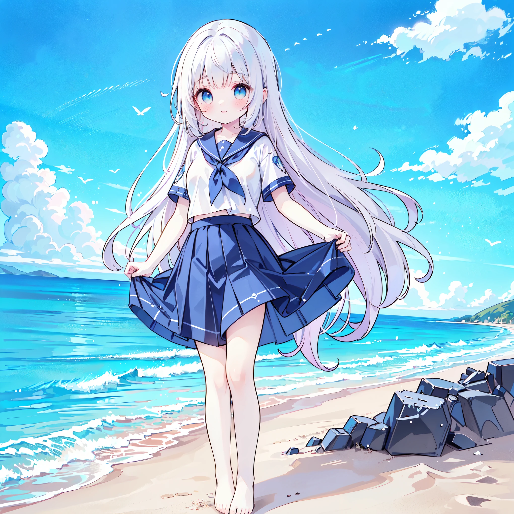 ((( more details,  highly detailed CG, masterpiece,  High Quality , 4K,  high resolution, sharp concentration, Take a commemorative photo on a sandy beach with the calm and beautiful sea in the background, anime style illustration near the sparkling ocean ))),(Alone:2), cute, Smiling Brightly , light blue eyes,(A girl is standing on the beach:1.4), navy blue sailor suit,(Short sleeve:2),( dark blue skirts ),( slightly bulging breasts:1.2), Clear Skin, Fluttering Skirt , barefoot,((long hair)),Neat hair, tea hair,Gentle Breeze, White Clouds ,blue sky, watching viewers, is shy, dynamic ,