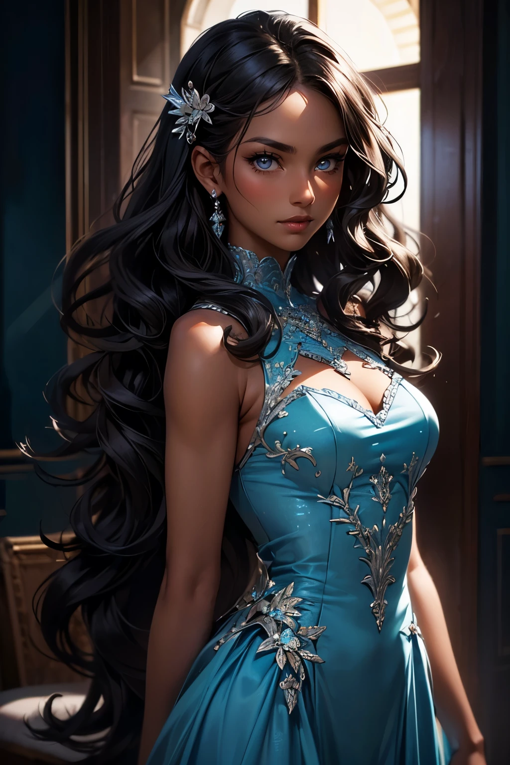 portrait, Elegant adult women, blue eyes, Long hair, side swept bangs, Sheer dress, see through dress, 4K resolution, High quality CG, fair