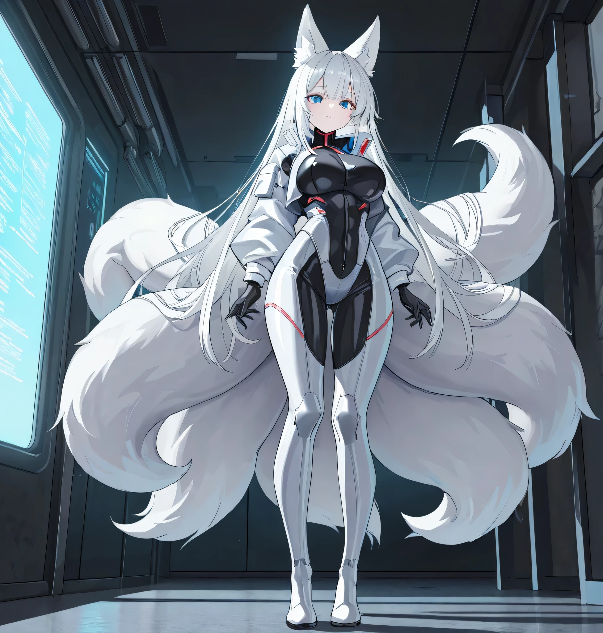 (masterpiece, best quality, ultra detailed, 8k, 4k, hi res, absurdres:1.3) very long hair, white hair, blue eyes, white fox ears, nine white fox tails, animal ears, fox girl, large breasts, cyberpunk warrior girl, girl, high tech cyberpunk outfit, Silver outfit, full bodysuit
(detailed texture lighting, detailed surface lighting),