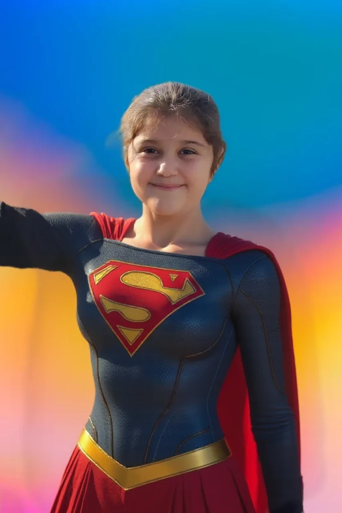 girl, age 6 years, в костюме super girl, suit to the neck, chest closed, a red cloak flutters behind his back, Long chestnut hair flutters in the wind, Waist-high close-up, background city in blur, ultra-realistic style