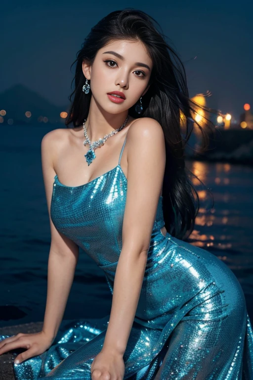 ( high high quality , ultra - detailed, careful with hand )Zodiac - Sagittarius goddess , similar to latin goodness . Optimistic, Bare bare, Funny and intellectual face . reckless, cold-hearted, impatient, overconfident style . dark strong blue eye (Eyes detailed) , Dark blue hair with bling bling , see through dresses , In the ocean of stars , Full body lesbian , fire make up look , god Chiron