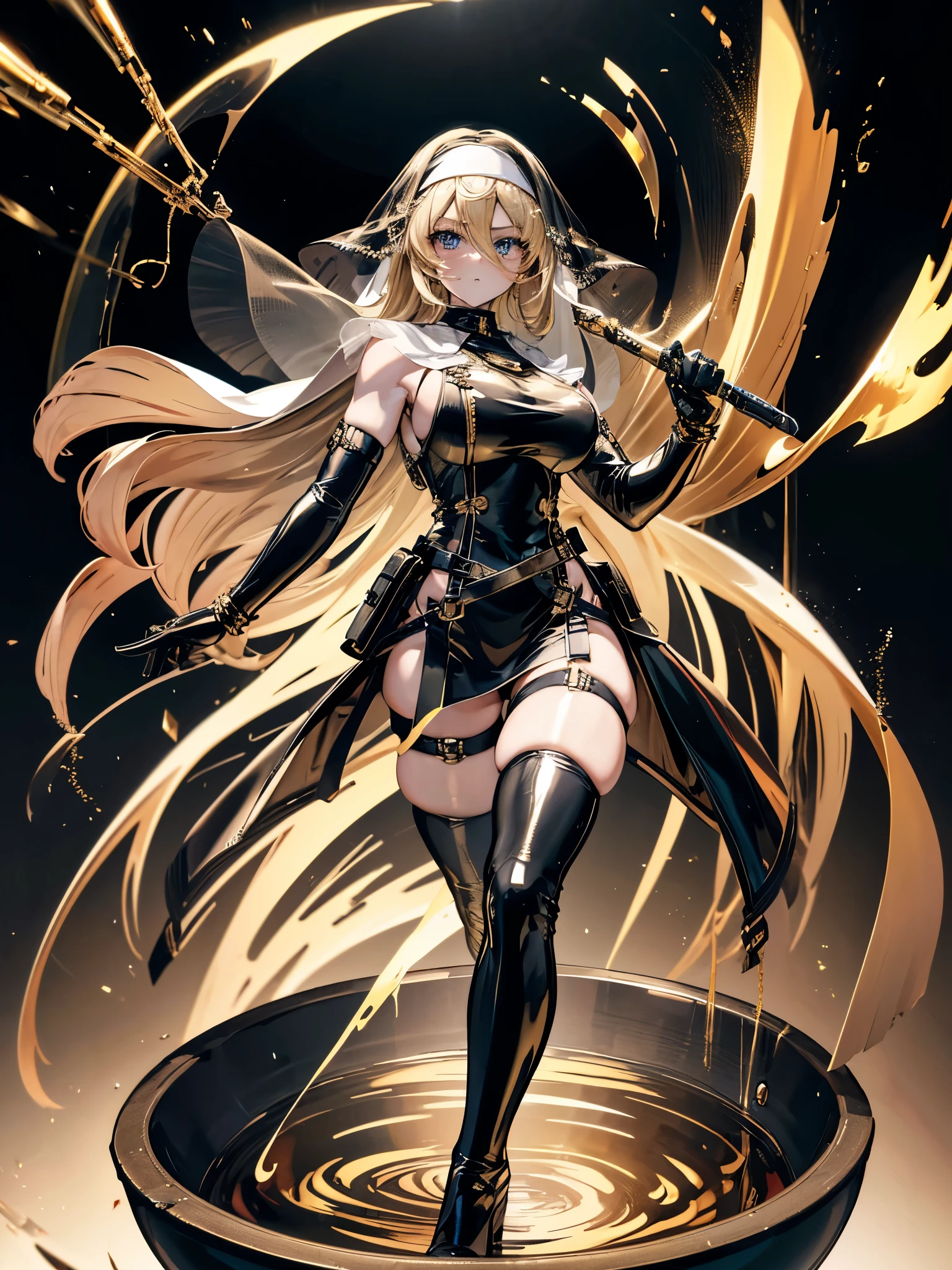 (8k、4K、 best quality 、 high resolution)、 long blonde hair 、 big breasted 、 high leg、Anime Face、 muscular body flowing through a bowl、Eyes that shine beautifully 、Anime-like eyes、Kind Face、 nun、rock,O-ring,Veil, elbow bag, thigh strap, thigh high boots, gun