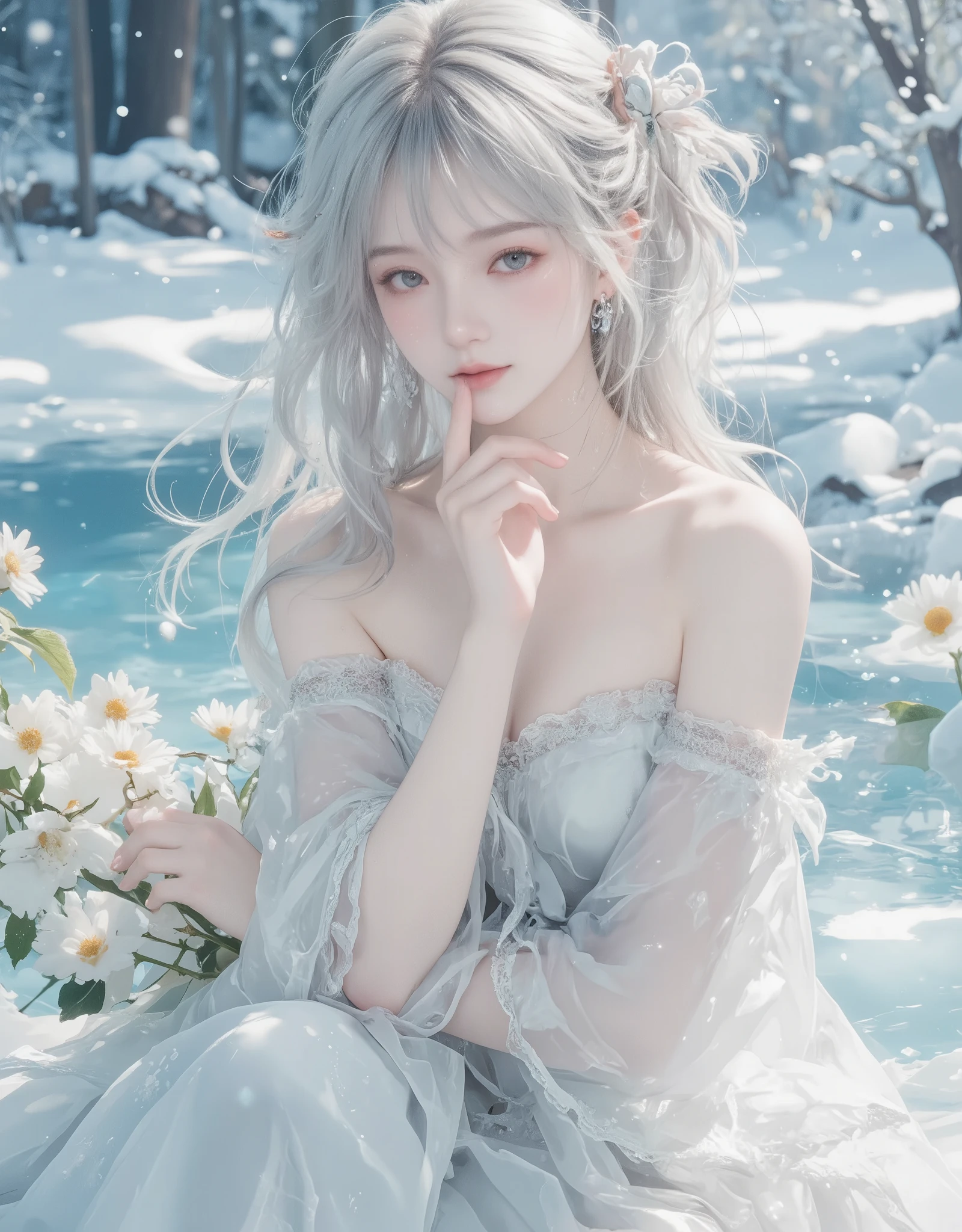 (((Masterpiece))), Best quality, illustration, 4k wallpaper, Cinematic light, absurderes, 1girll,(Snow,Ice), snowflower, In winter, White hair, Shiny hair, Wavy hair, Transparent clothes, frilld, Lace, Wet clothes, Off_Shoulder, hair scrunchie,Masterpiece, Telephoto lens, absurderes, Exquisite facial features,filmposter,Poster composition,posing elegantly,classics,Natural light,Soft light,(Seven-doppelganger composition) ,epic,dream magical,mistic