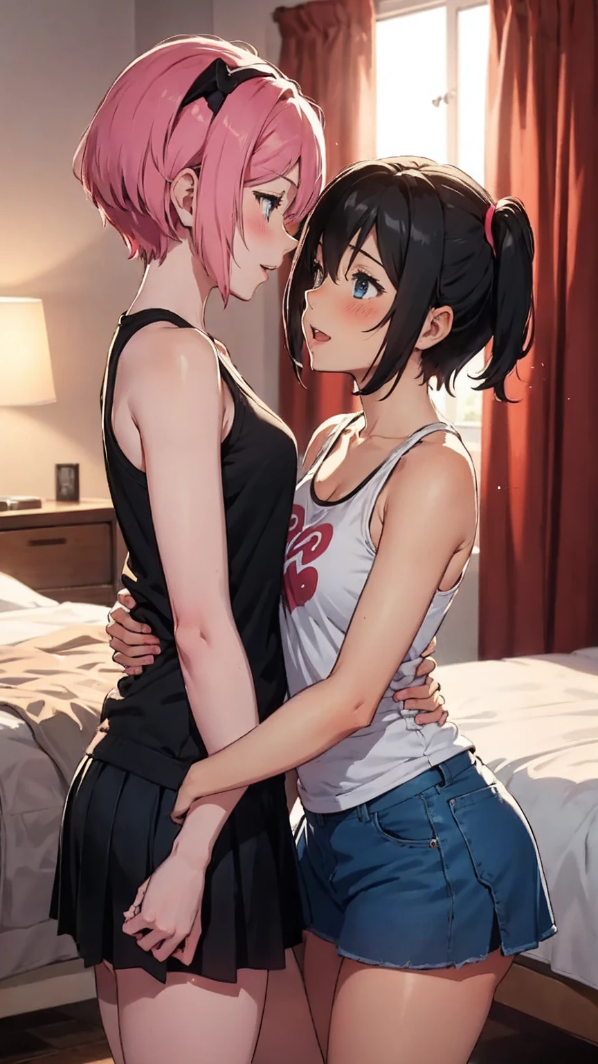 2 women having fun, of:1,2, :1,2, National Foundation:1,2, Lesbian Yuri:1,2, Cat, blush, wearing a tanktop and skirt, Fighting in bed, sex in bed, hot kiss, hot kissing