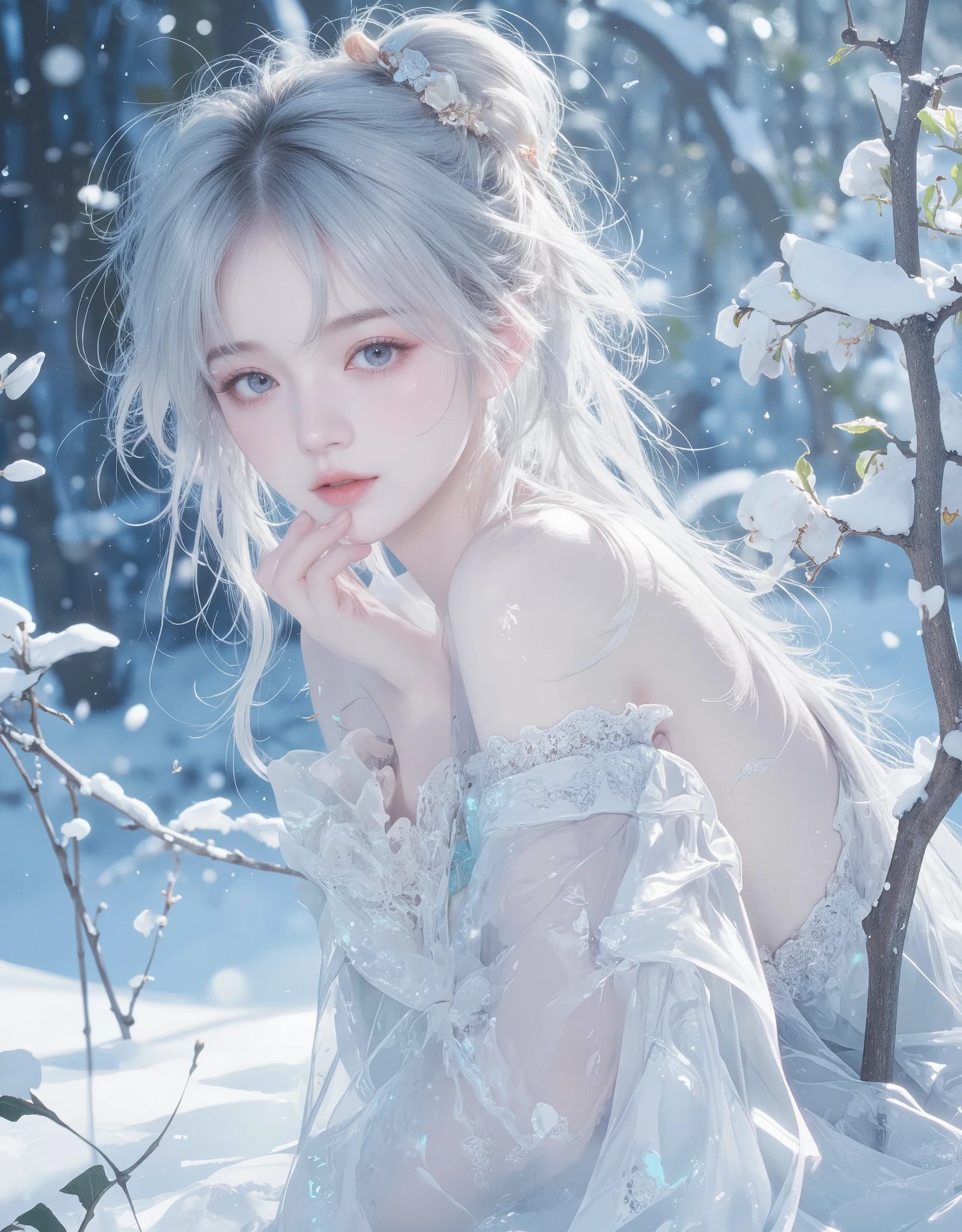 (((Masterpiece))), Best quality, illustration, 4k wallpaper, Cinematic light, absurderes, 1girll,(Snow,Ice), snowflower, In winter, White hair, Shiny hair, Wavy hair, Transparent clothes, frilld, Lace, Wet clothes, Off_Shoulder, hair scrunchie,Masterpiece, Telephoto lens, absurderes, Exquisite facial features,filmposter,Poster composition,posing elegantly,classics,Natural light,Soft light,(Seven-doppelganger composition) ,epic,dream magical,mistic
