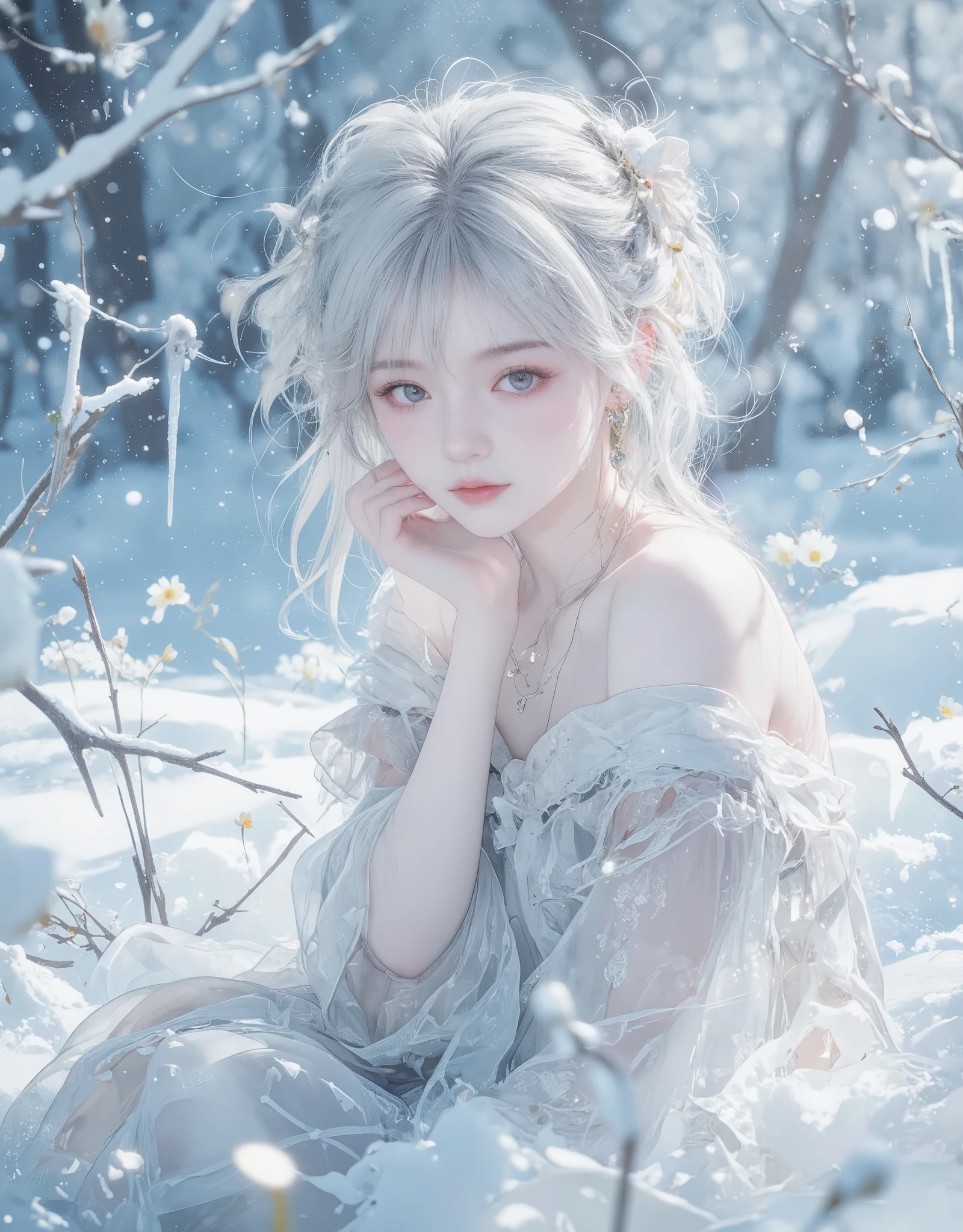 (((Masterpiece))), Best quality, illustration, 4k wallpaper, Cinematic light, absurderes, 1girll,(Snow,Ice), snowflower, In winter, White hair, Shiny hair, Wavy hair, Transparent clothes, frilld, Lace, Wet clothes, Off_Shoulder, hair scrunchie,Masterpiece, Telephoto lens, absurderes, Exquisite facial features，filmposter，Poster composition，posing elegantly，classics，Natural light，Soft light，（Seven-doppelganger composition） ，epic，dream magical，mistic