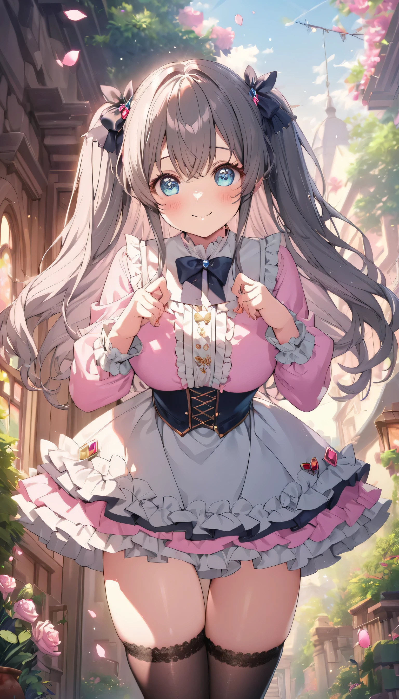 ((ultra-detailed)), (highly detailed CG illustration), (best quality:1.2), ultra-highly detailed, colorful composition, artistic photoshoot, 1girl, solo focus, ((thigh to top:1.4)), ((cowboy shot:1.4)), moe anime character, girl, dainty facial structure, (baby fand face), ((rounded chin:1.2)), ((ideal ratio body proportions)), celia-default, celia claire, (blue eyes), sparkle eyes, pale pink hair color, two side up, (black hair ribbon), ample breasts, ((Light pink long-sleeve blouse with frilly lace cuffs and bow tie)),
((Flared skirt with scalloped hem and jewel accents)), ((Black tights)), petals glowing and fluttering, best quality, masterpiece, standing by the victorian garden with flowers, beautiful detailed sky, dynamic pose, from front, expecting, pink cheek, blush, light pink gloss slip, portrait, depth of field, soft lighting, sidelighting, (shine), lighting, caustics, ray tracing, smile, perfect face, lustrous skin, highly detailed face, highly detailed eyes, perfect face, perfect nose, perfect hair, perfect eyes, perfect anatomy, beautiful hair, beautiful small face, extremely detailed face, beautiful detailed eyes, beautiful clavicle, beautiful body, beautiful huge breasts, leavage, breasts squeezed together, equalize the size of the left and right breasts, beautiful thin thighs, beautiful legs, beautiful fingers, 4 fingers, 1 thumb, lovely, (very detailed background:1.0), (highly detailed background:1.0), spring aesthetic, intricate details, joyful atmosphere, spring colors palette, chromatic aberration