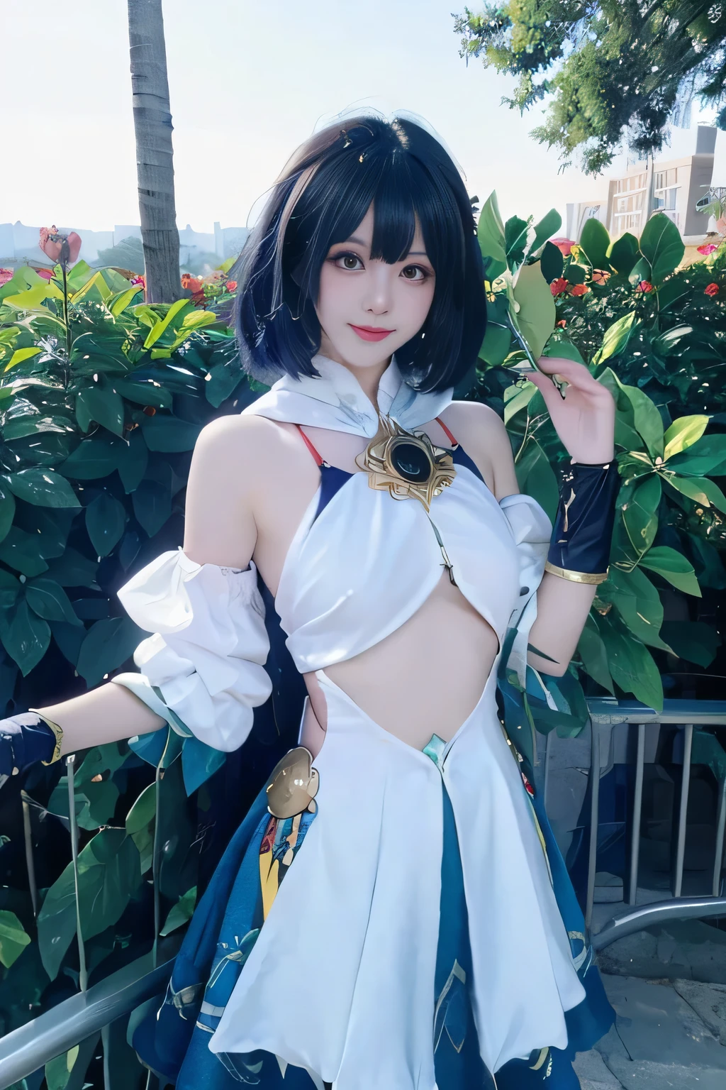     (best quality), (masterpiece), (Ultra-high resolution), (Clear face), （Reality： 1.4）, (perfect lighting),(photorealistic:1.30), anime wallpaper, Guviz style artwork , fantasy cover up to magic , by Yang J, Guviz, beautiful artwork illustration, beautiful digital artwork, beautiful digital illustration, Li Song, beautiful anime portrait, art style at Beauvot,illustration, ethereal and beautiful, highly detailed, CG, unity, 8k wallpaper, Amazing, fine detail, official art, highly detailed CG unity 8k wallpaper,absurd, extremely absurd, large file size, highly detailed , high resolution, very detailed,beautiful girl with details, very detailed eyes and face, beautiful detailed eyes,light on the face,cinematic lighting, 1girl, solo, purple hair, looking at viewer, smile, cowboy shot, blackswan cosplay costume, elbow gloves, cosplay, gauntlets, gloves, dress, purple dress, pantyhose, (Veil), hood, shorts, outdoor, flower garden background,(standing:1.3), (upper body:1.3),Short Hair, 