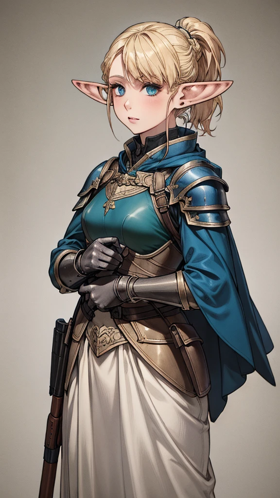 High Quality, Masterpiece, realistic, (blonde hair, hair in ponytail, blue eyes, elf ears, pointed ears), wearing leather armor, wearing green cloak, holding a rifle in her hands