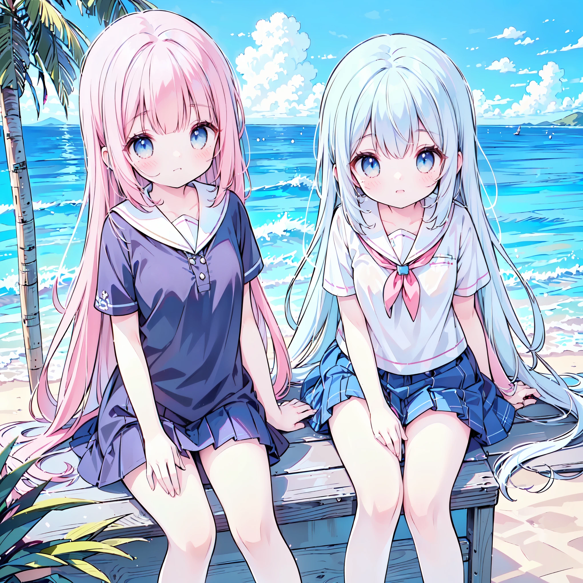 ((( more details, highly detailed CG, masterpiece, High Quality , 4K, high resolution, sharp focus by G , Take a commemorative photo on a sandy beach with the calm and beautiful sea in the background, anime style illustration near the sparkling ocean , tea hair))),(Alone:2), cute, Smiling Brightly , light blue eyes,(A girl is standing on the beach:1.4), navy blue sailor suit,(Short sleeve:2),( dark blue skirts ),( slightly bulging breasts:1.2), Clear Skin, Fluttering Skirt , barefoot,((long hair)),Neat hair,Gentle Breeze, White Clouds ,blue sky,Watching viewers, is shy,