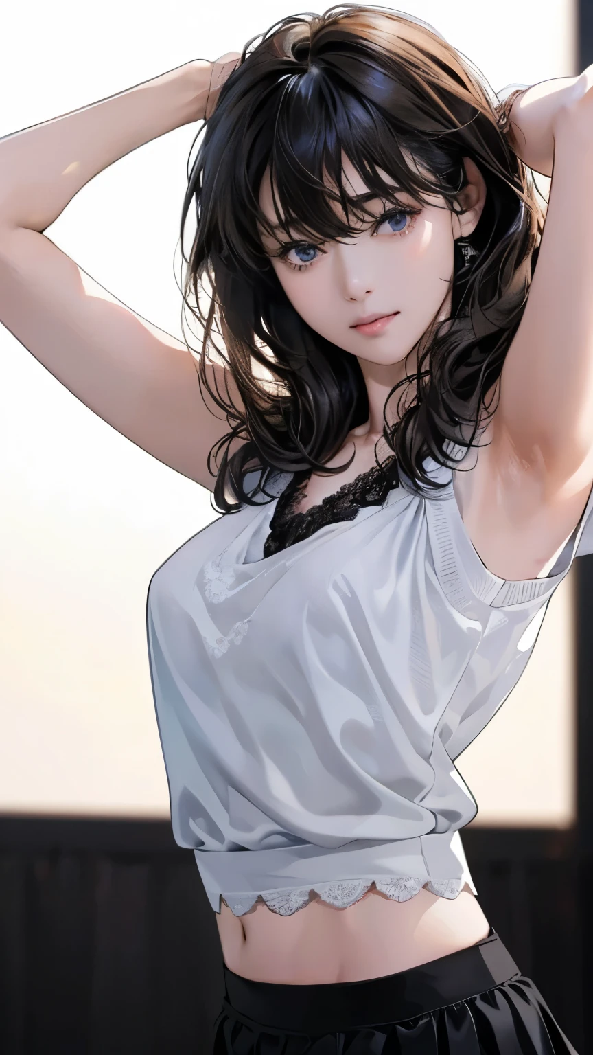 cute and sexy girl, Bblack hair, ultra realistic, detailed lighting, アニメ, black pantyhouse, White tank top, muslos grandes