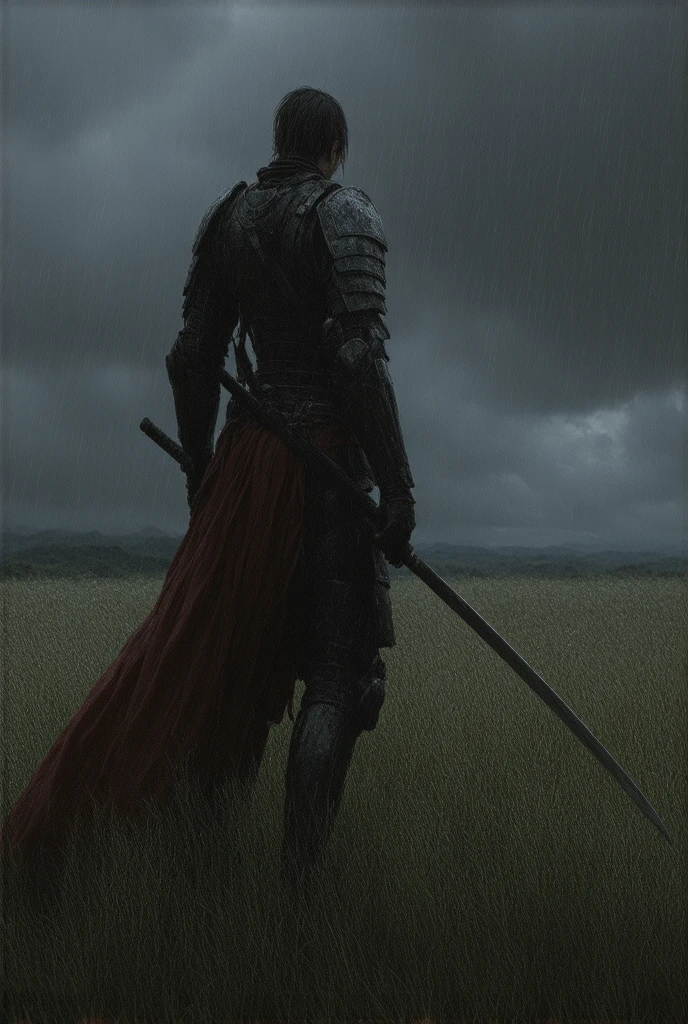Depicts a samurai standing in a raining prairie in the style of Metal Gear Solid